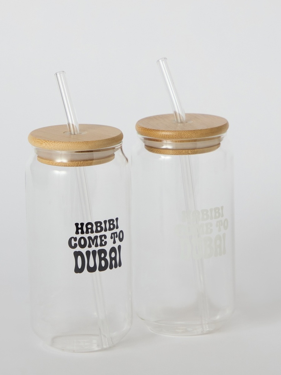 Zen Borosilicate 2-Piece Habibi Come To Dubai Mason Jar with Straw Set - 450 ml