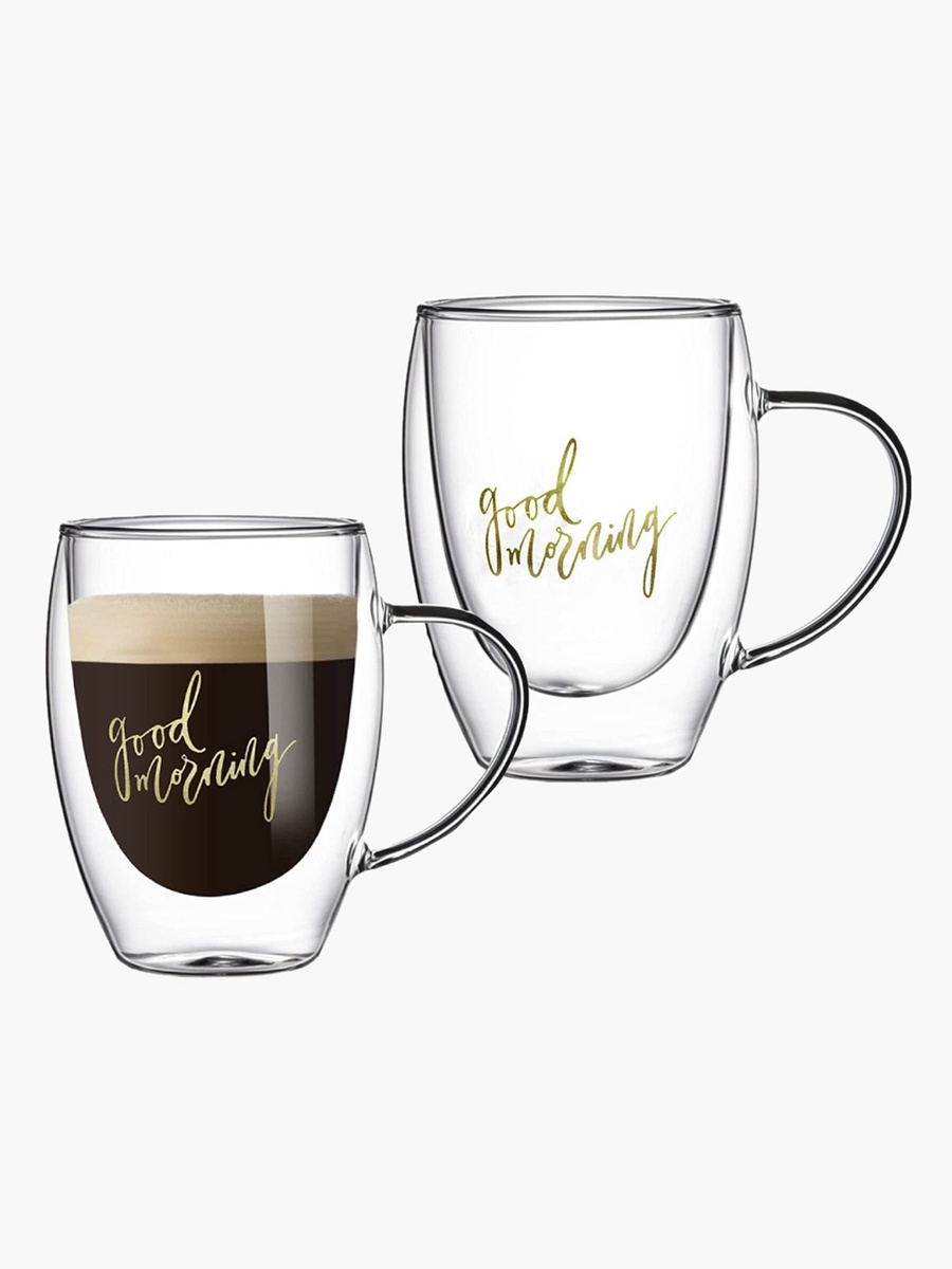 Zen Good Morning Print Double Wall Glass Mug with Handle - Set of 2