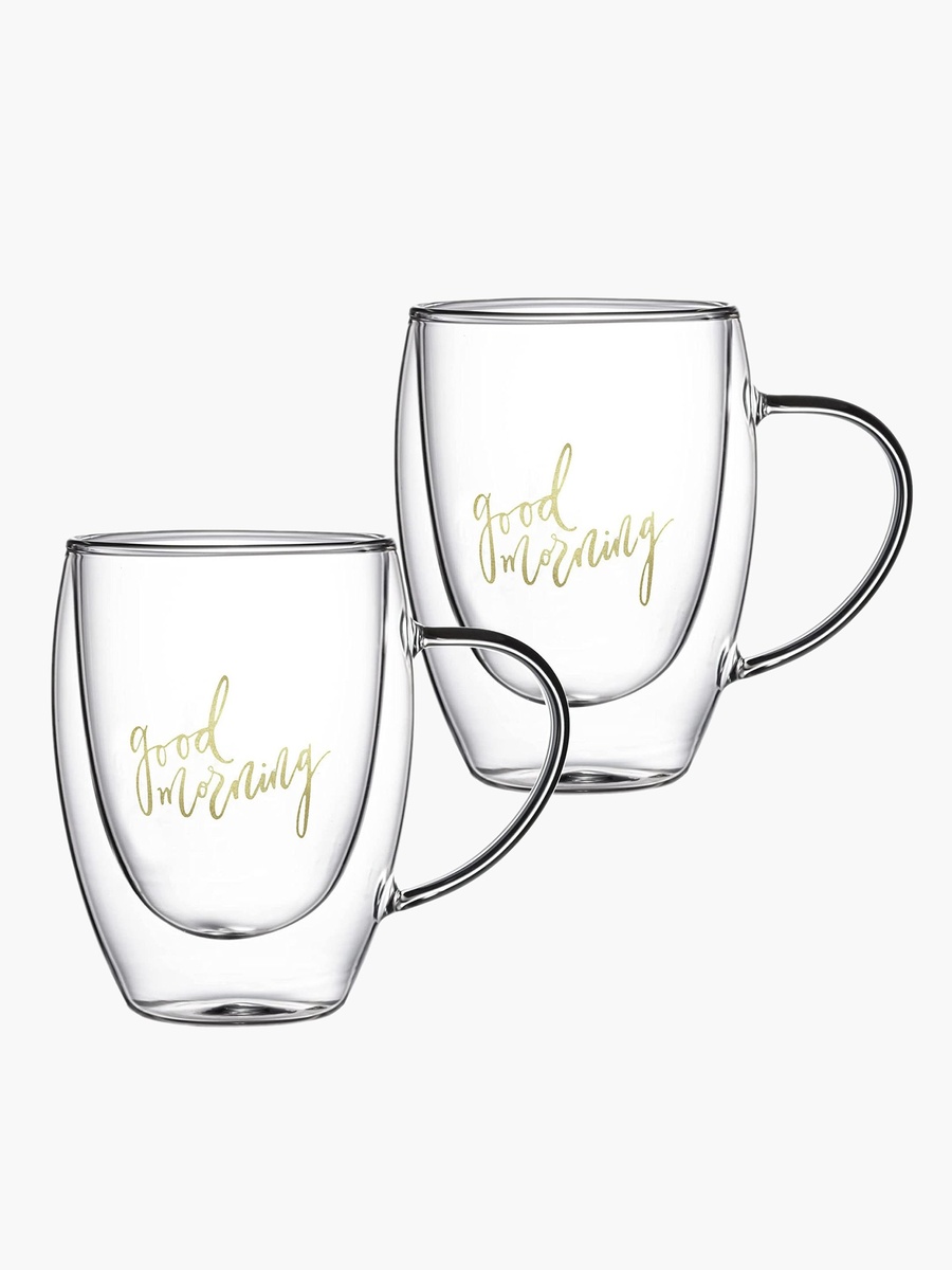 Zen Good Morning Print Double Wall Glass Mug with Handle - Set of 2