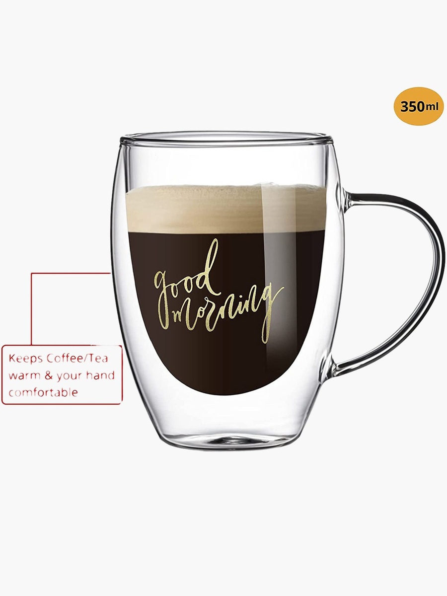 Zen Good Morning Print Double Wall Glass Mug with Handle - Set of 2
