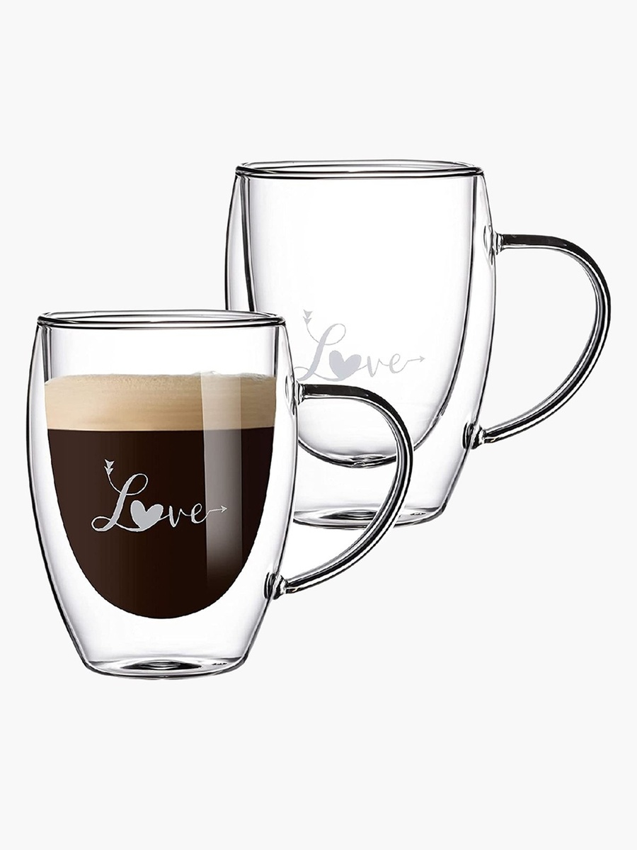 Zen Love Printed Heart Shaped Double Wall Glass Mug with Handle - Set of 2