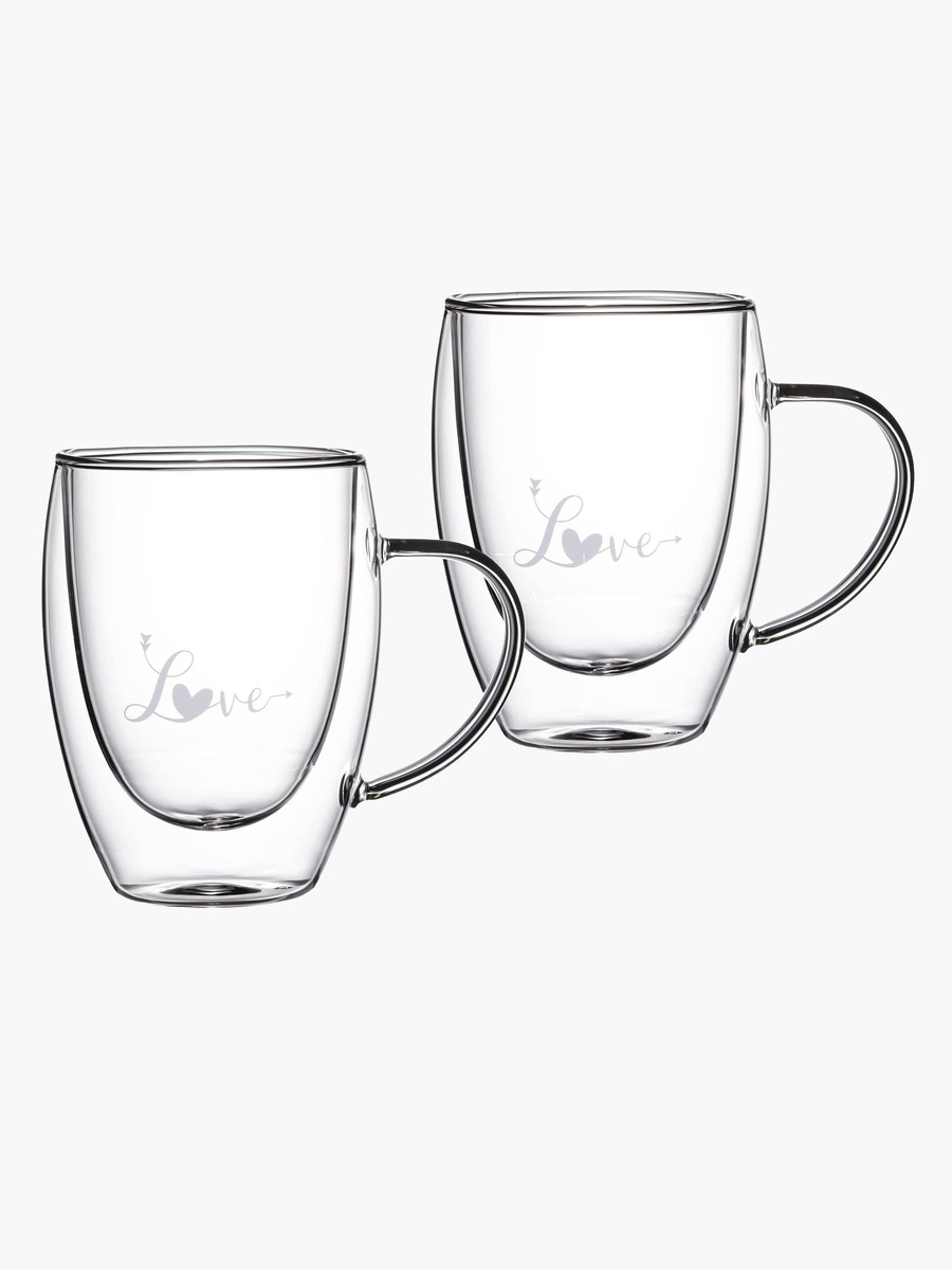 Zen Love Printed Heart Shaped Double Wall Glass Mug with Handle - Set of 2