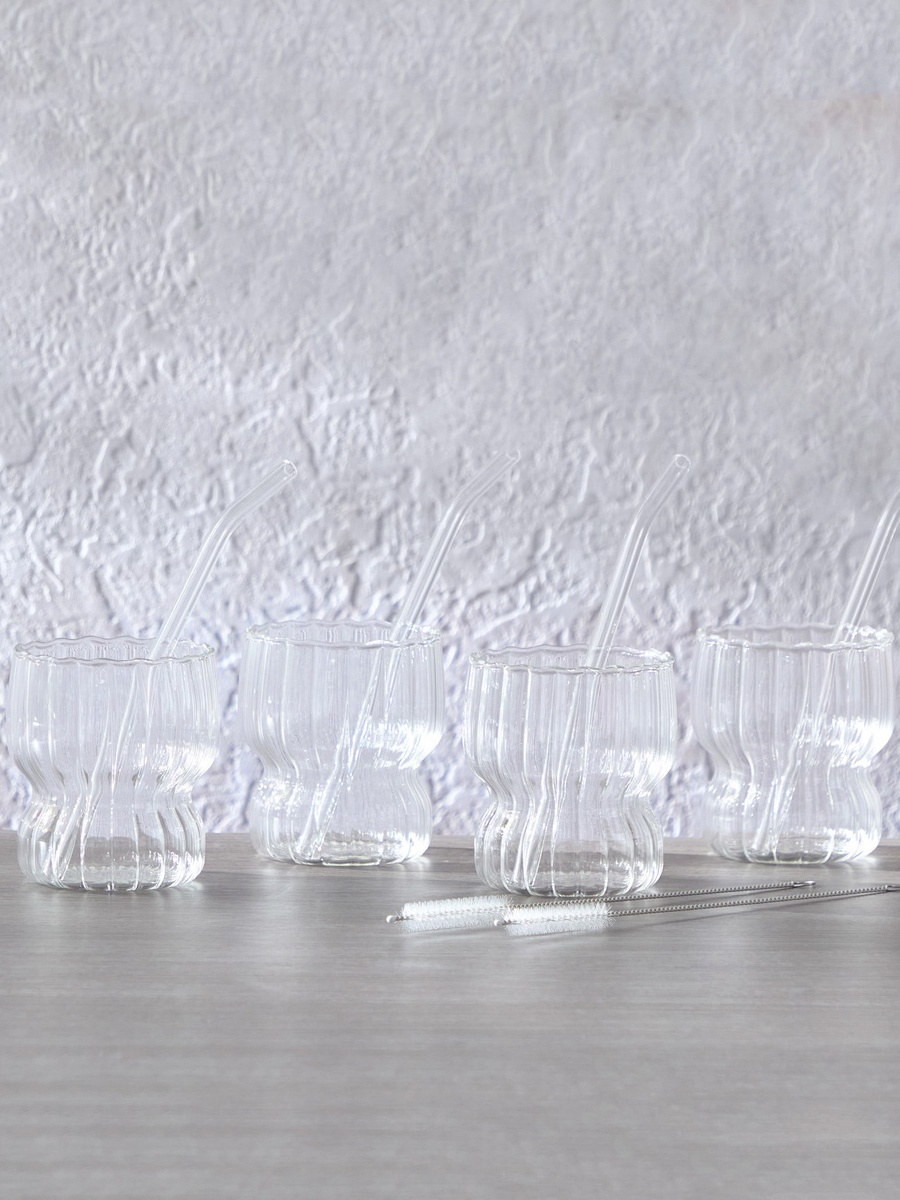 Zen Borosilicate 4-Piece Rippled Drinking Glasses with Straws Set - 320 ml