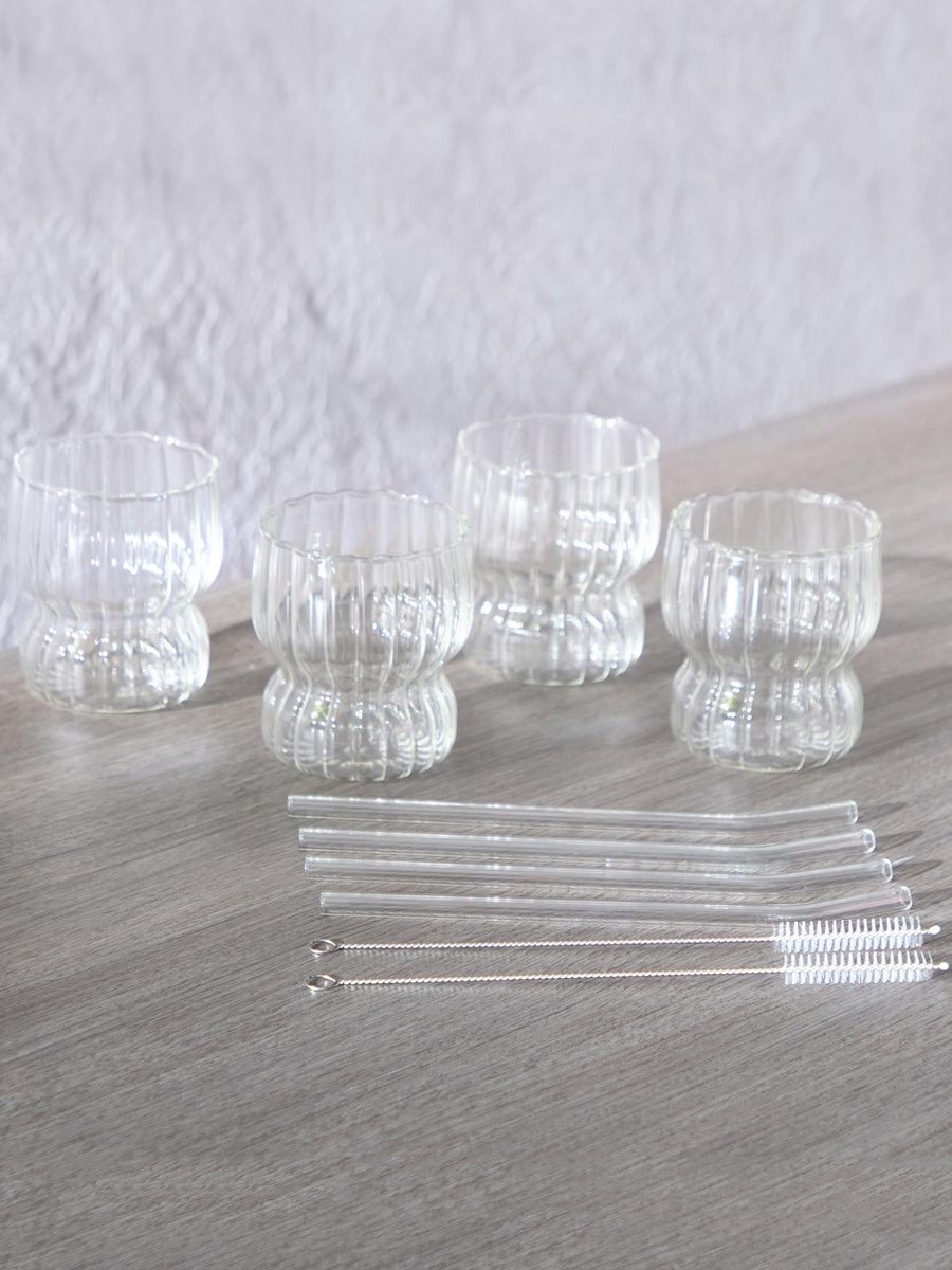Zen Borosilicate 4-Piece Rippled Drinking Glasses with Straws Set - 320 ml