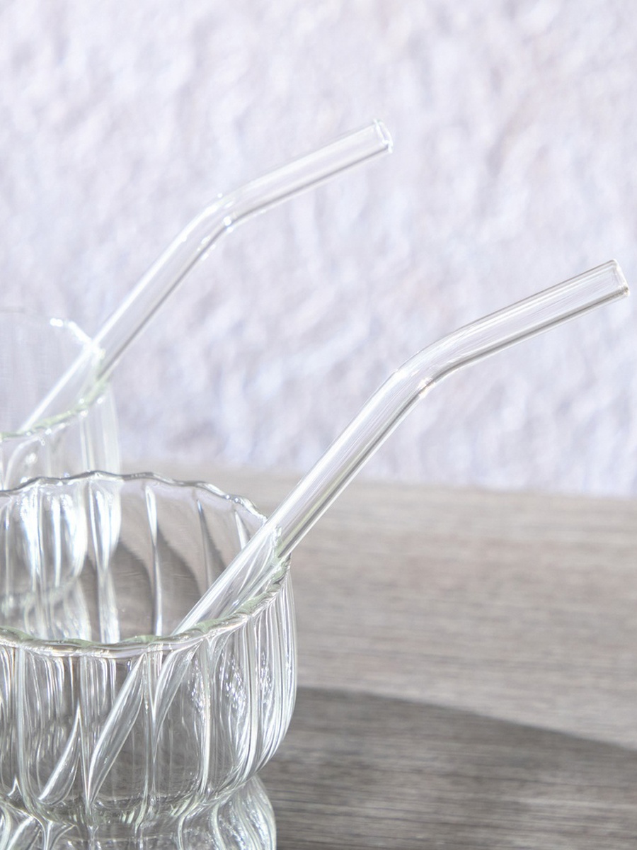 Zen Borosilicate 4-Piece Rippled Drinking Glasses with Straws Set - 320 ml