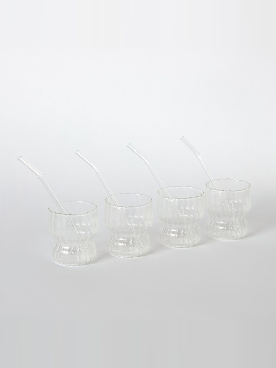 Zen Borosilicate 4-Piece Rippled Drinking Glasses with Straws Set - 320 ml