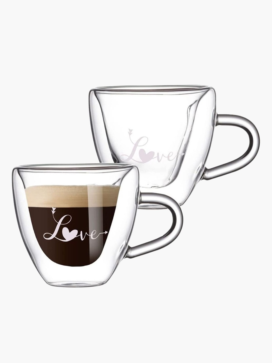 Zen Double Wall Love Printed Heart Shape Glass with Handle - Set of 2