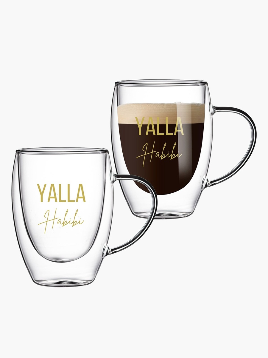 Zen Double Wall Yalla Habibi Printed Glass Mug with Handle - Set of 2
