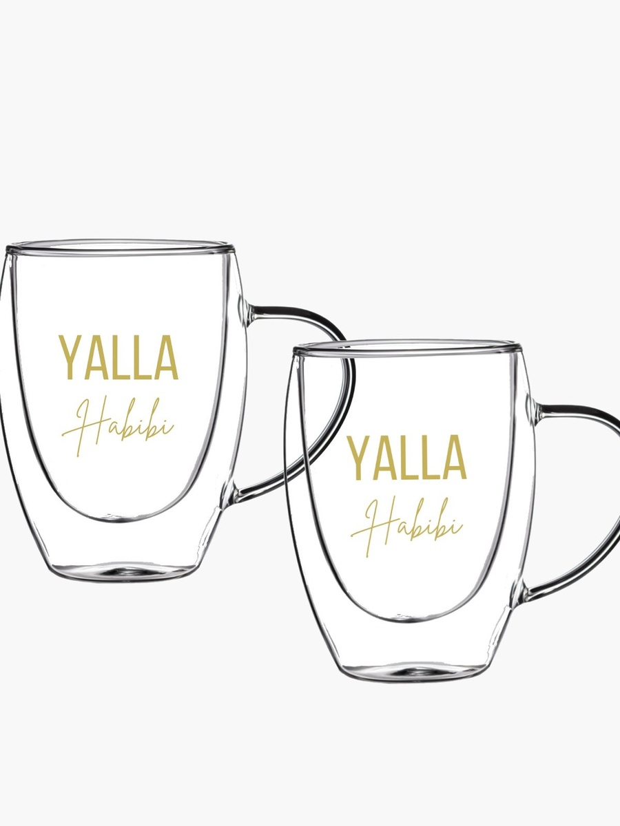 Zen Double Wall Yalla Habibi Printed Glass Mug with Handle - Set of 2