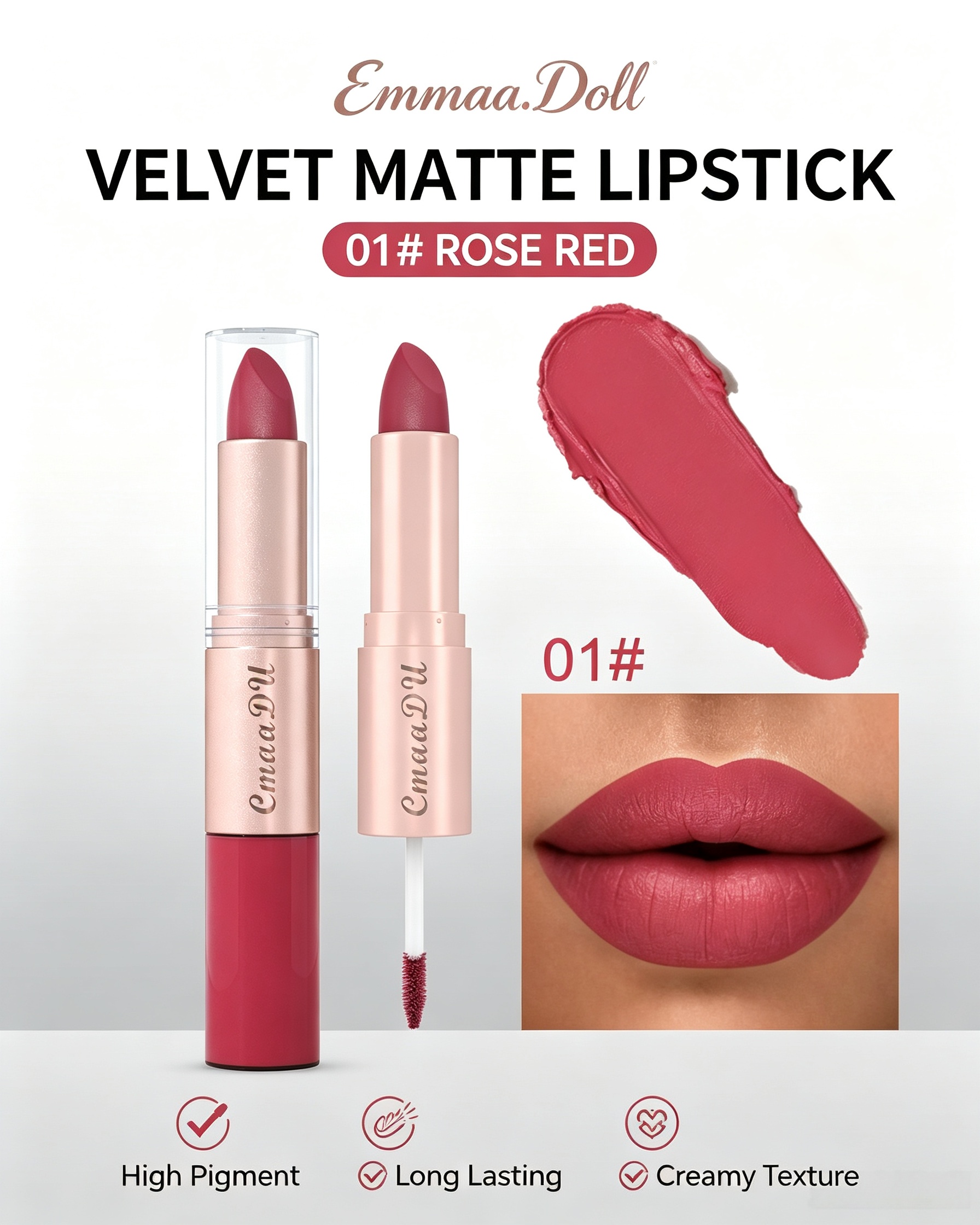 Velvet Matte 2-in-1 Lipstick and Lip Gloss, 01 Rose Red