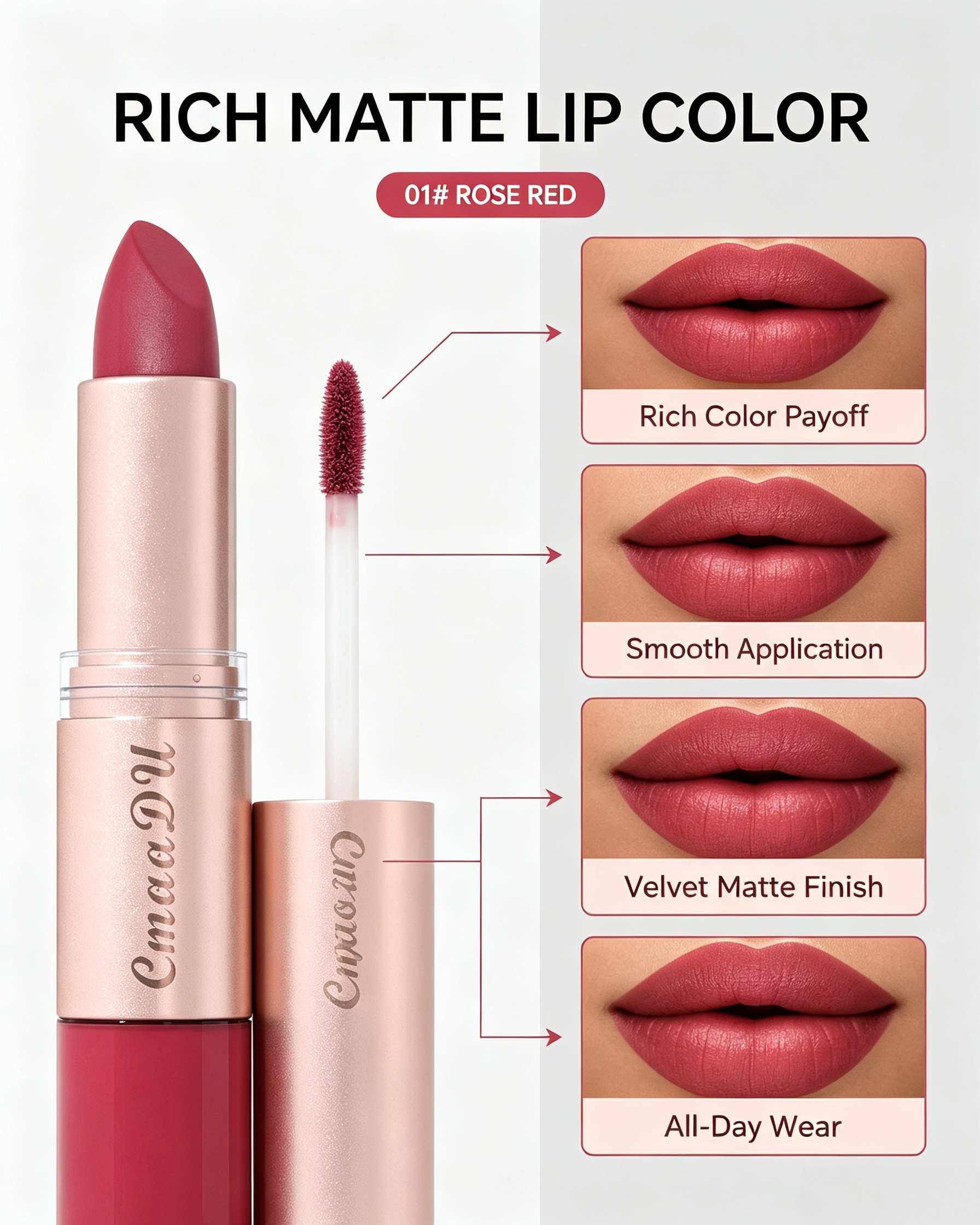 Velvet Matte 2-in-1 Lipstick and Lip Gloss, 01 Rose Red