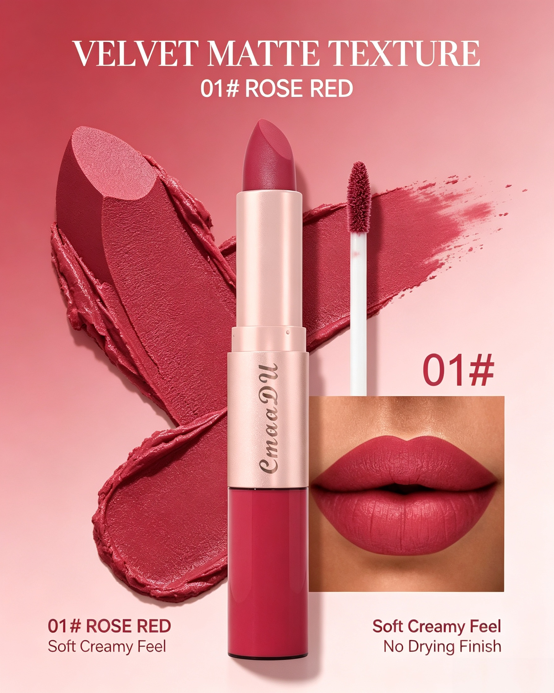 Velvet Matte 2-in-1 Lipstick and Lip Gloss, 01 Rose Red