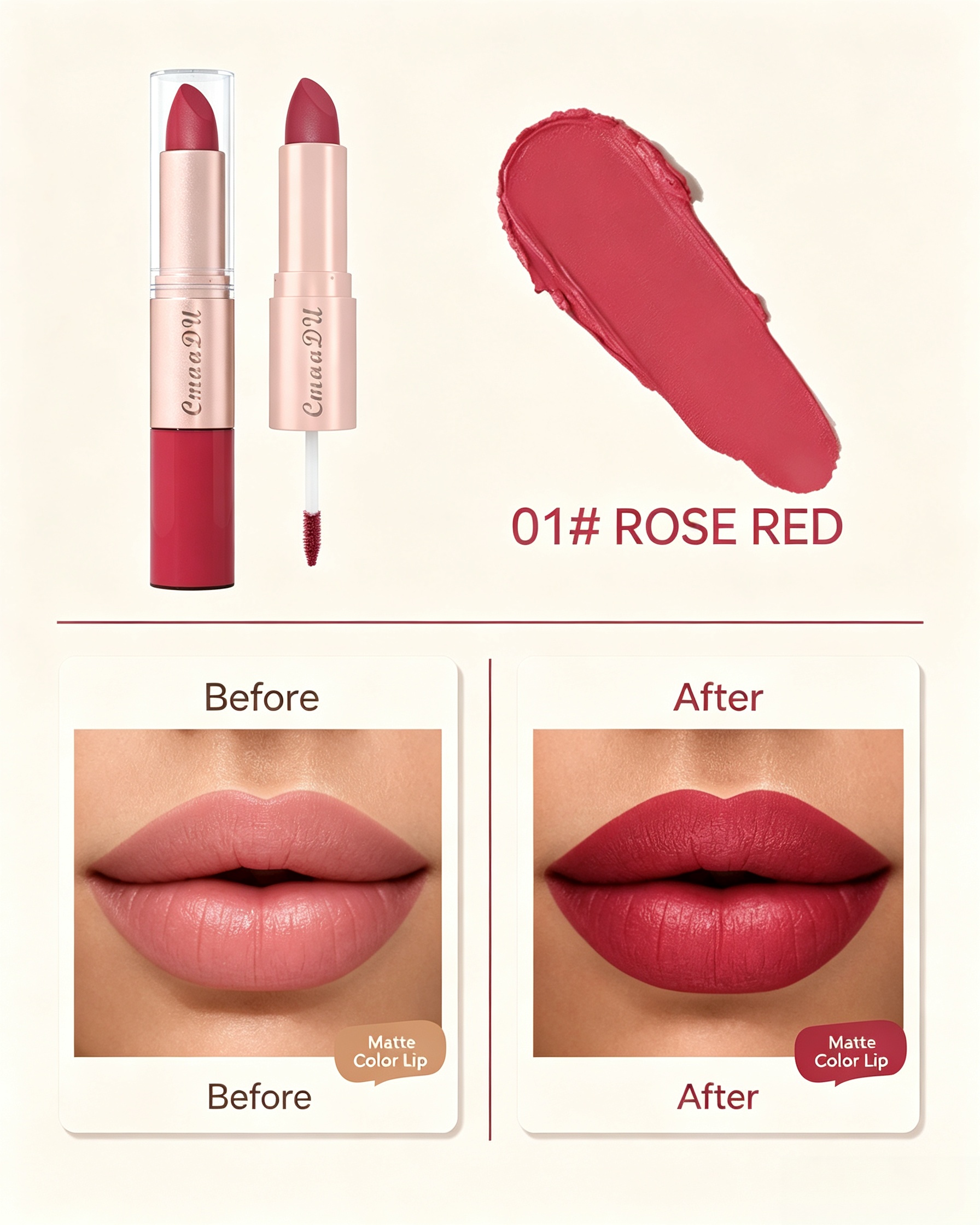 Velvet Matte 2-in-1 Lipstick and Lip Gloss, 01 Rose Red