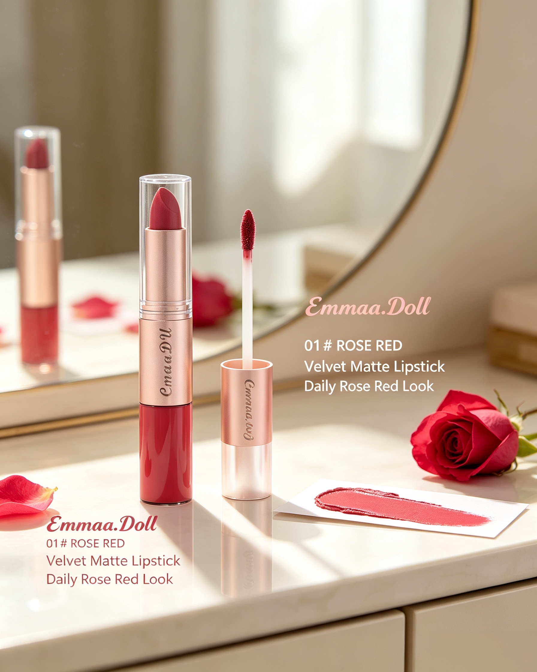 Velvet Matte 2-in-1 Lipstick and Lip Gloss, 01 Rose Red