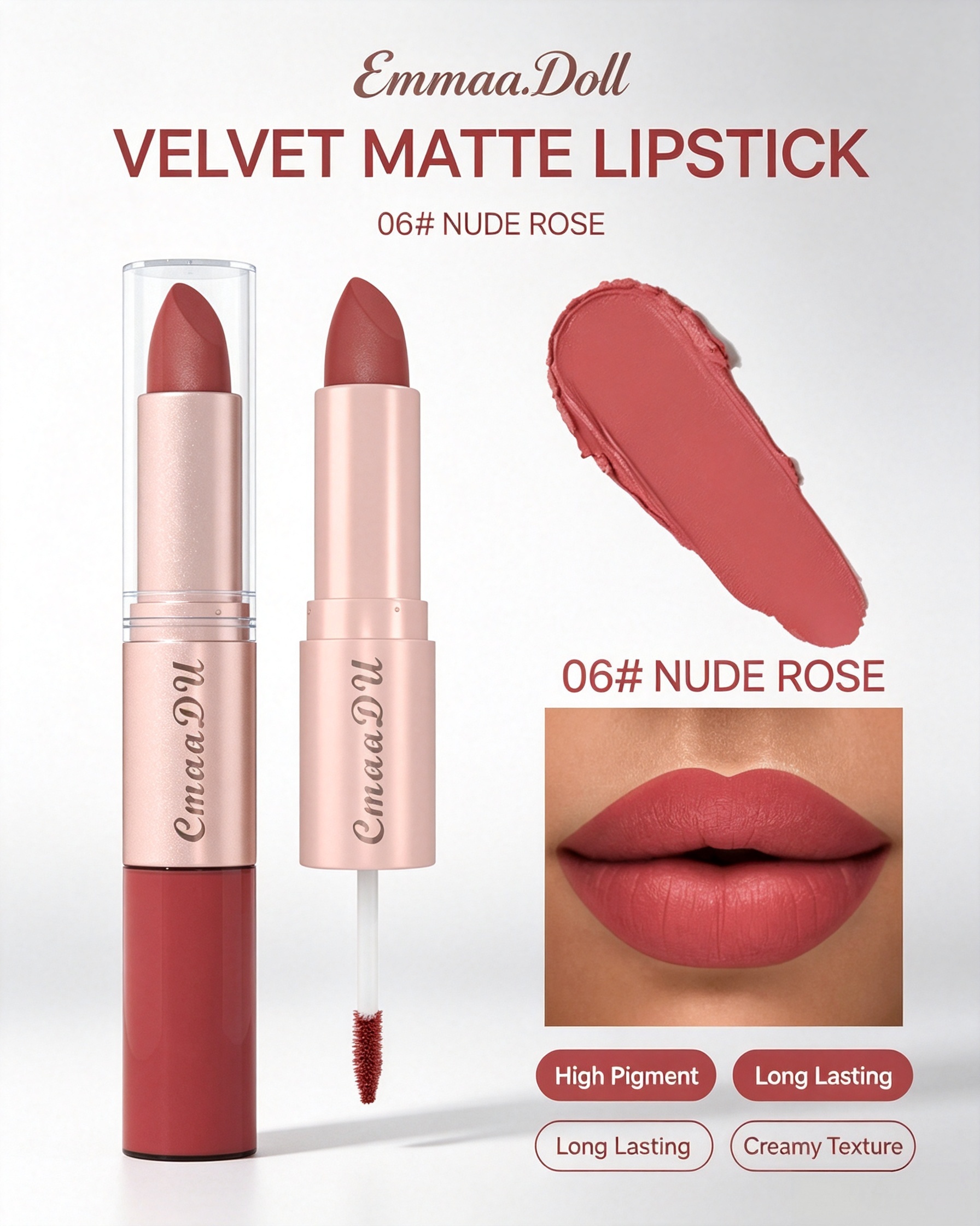 Velvet Matte 2-in-1 Lipstick and Lip Gloss, 06 Nude Rose