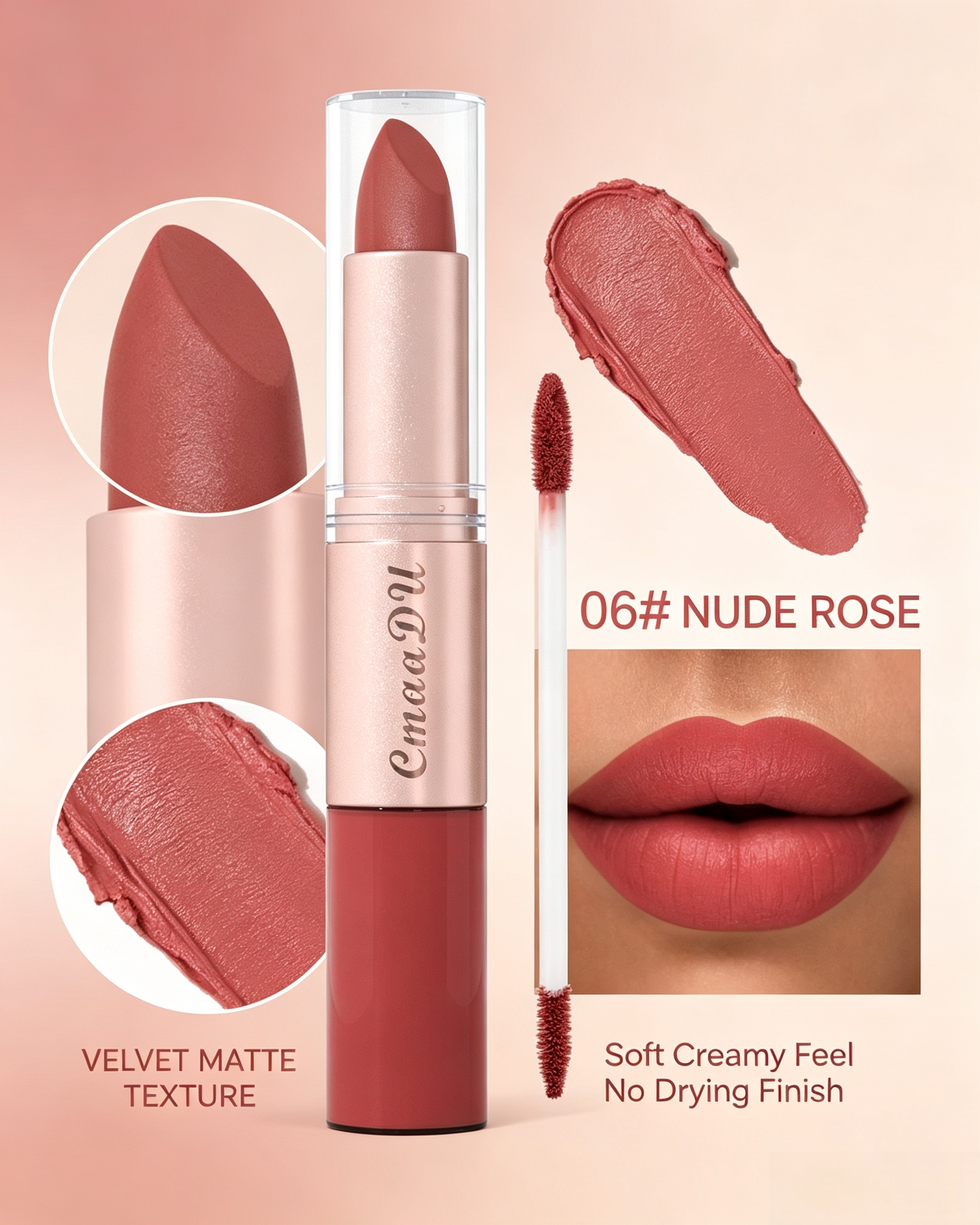 Velvet Matte 2-in-1 Lipstick and Lip Gloss, 06 Nude Rose