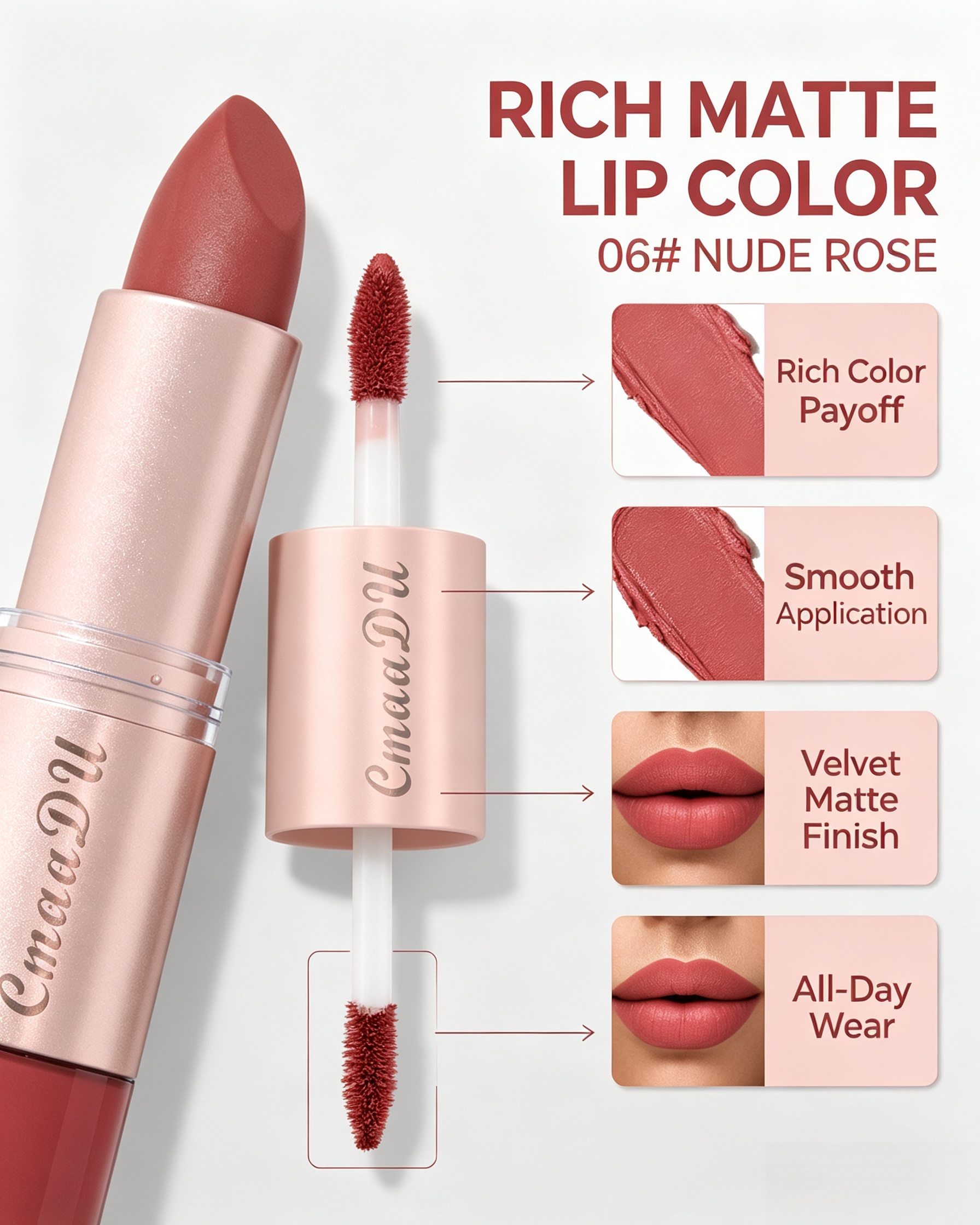 Velvet Matte 2-in-1 Lipstick and Lip Gloss, 06 Nude Rose