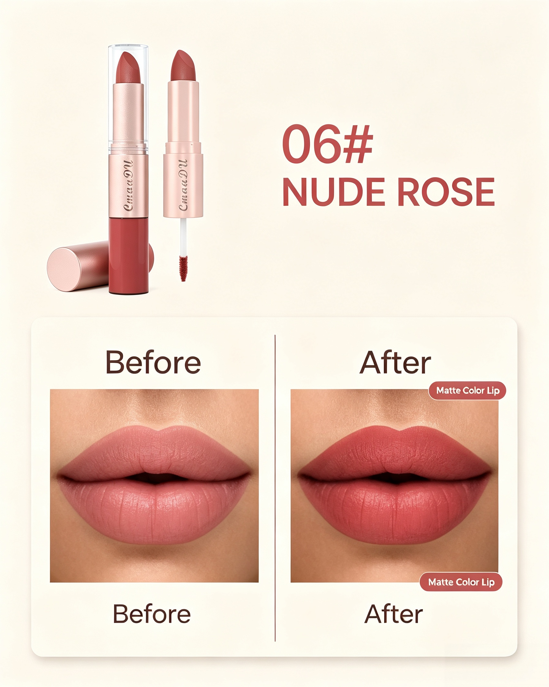 Velvet Matte 2-in-1 Lipstick and Lip Gloss, 06 Nude Rose