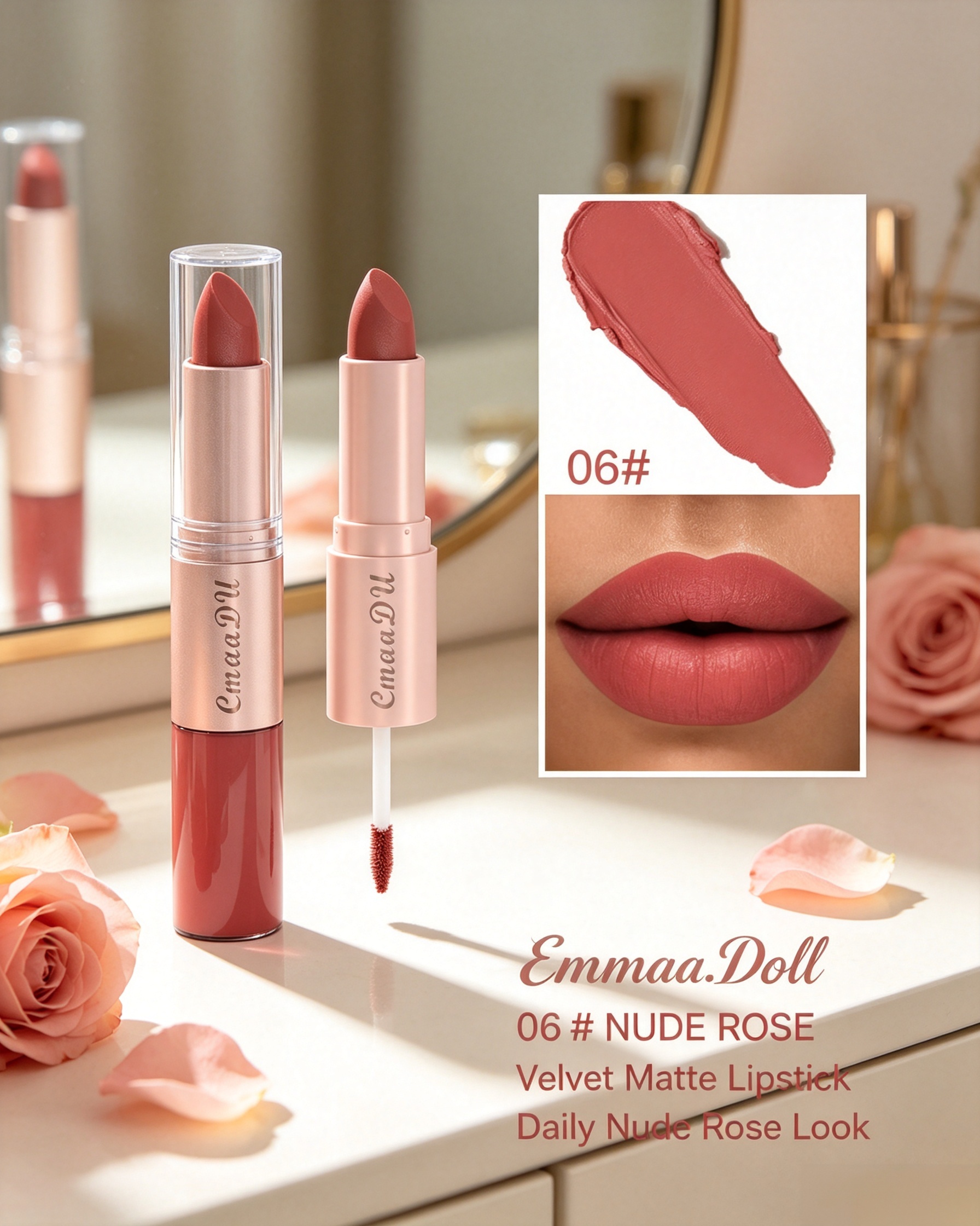 Velvet Matte 2-in-1 Lipstick and Lip Gloss, 06 Nude Rose