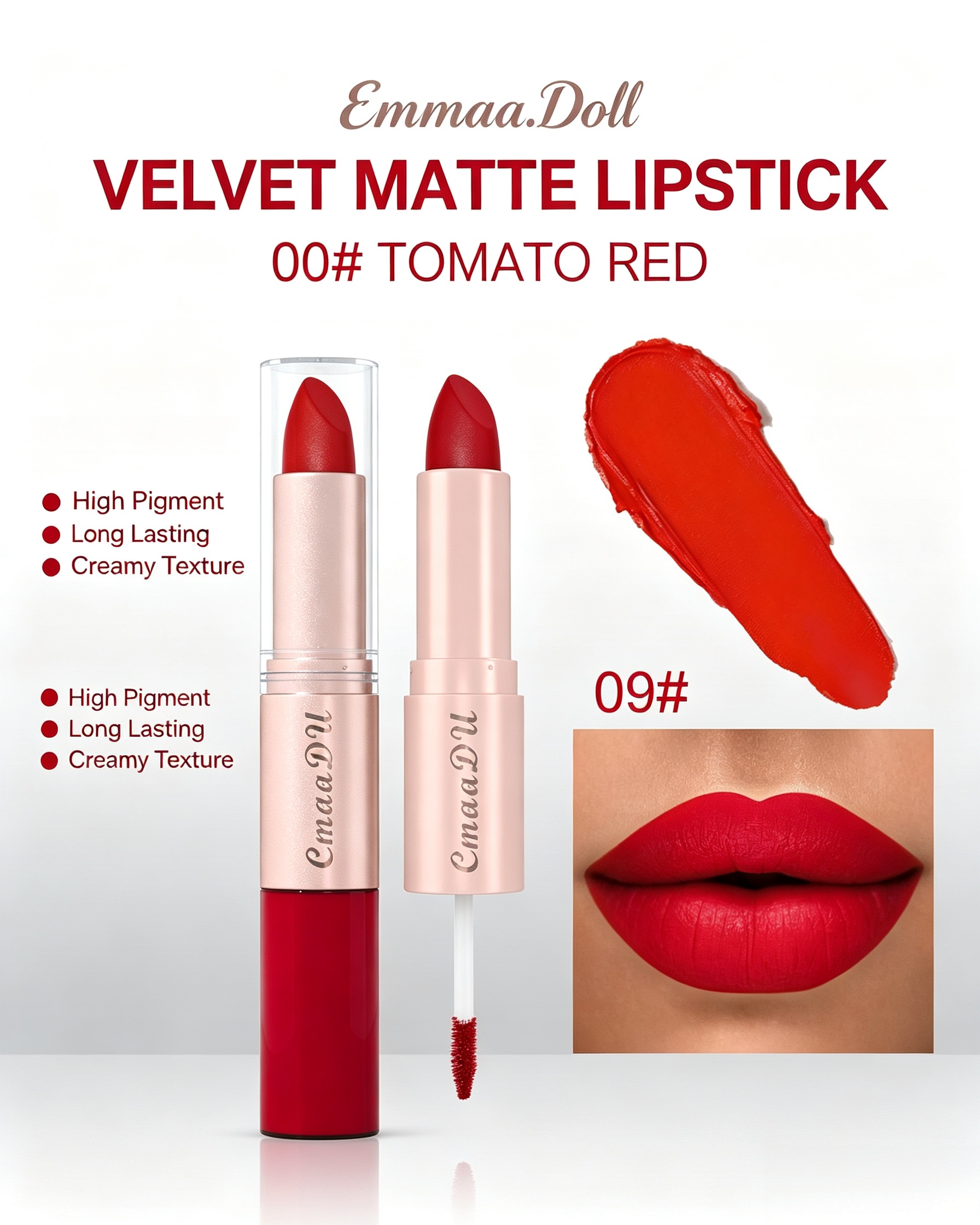 2-in-1 Velvet Matte Tomato Red Lipstick 09