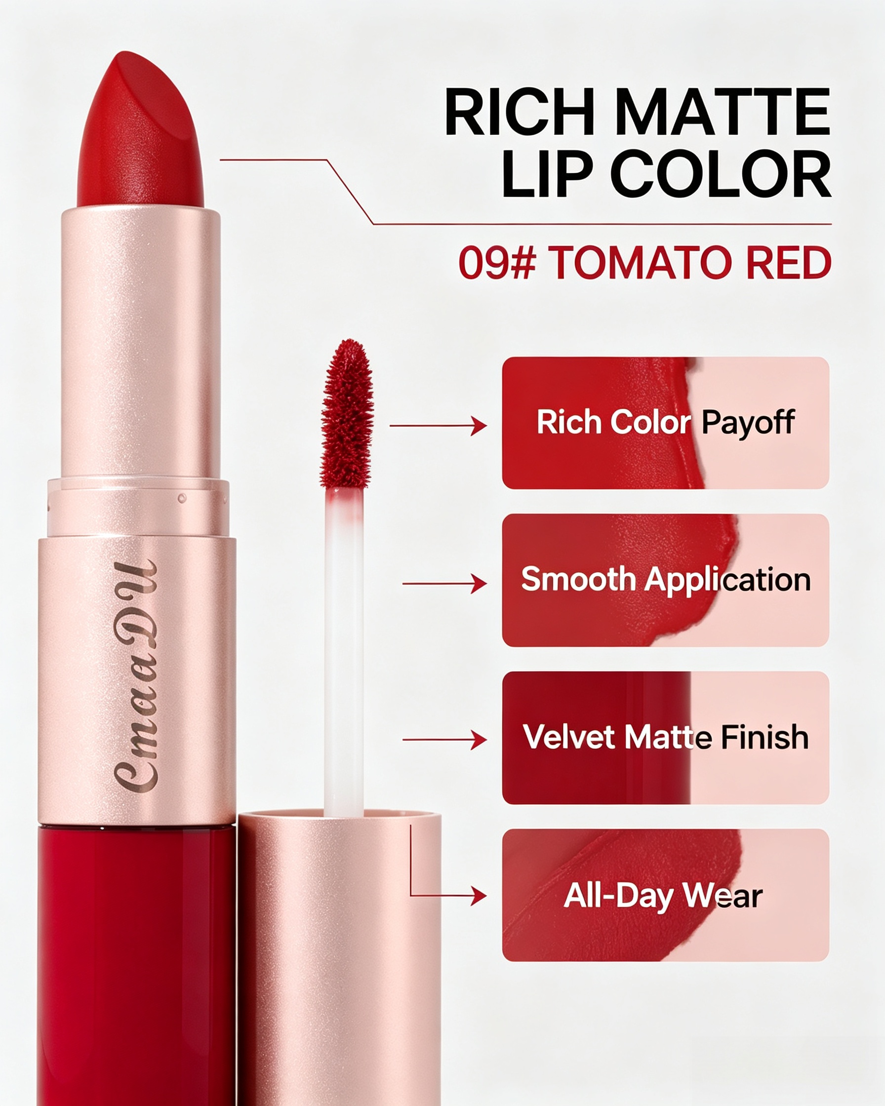 2-in-1 Velvet Matte Tomato Red Lipstick 09