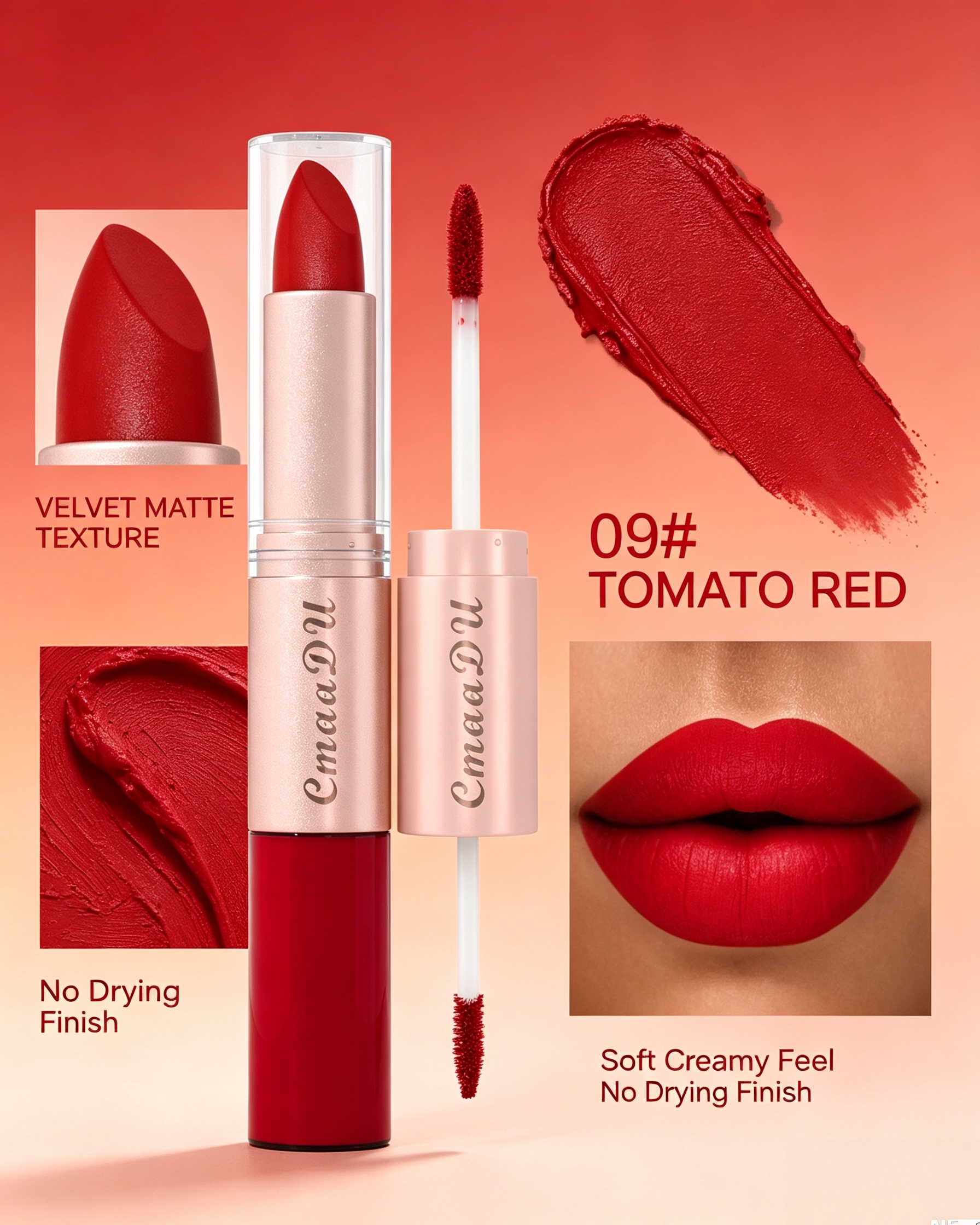 2-in-1 Velvet Matte Tomato Red Lipstick 09