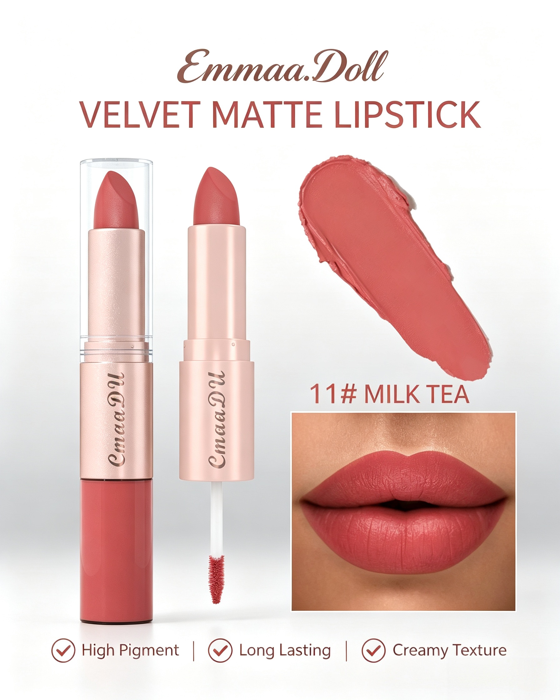 Velvet Matte 2-in-1 Lipstick and Lip Gloss, 11 Milk Tea