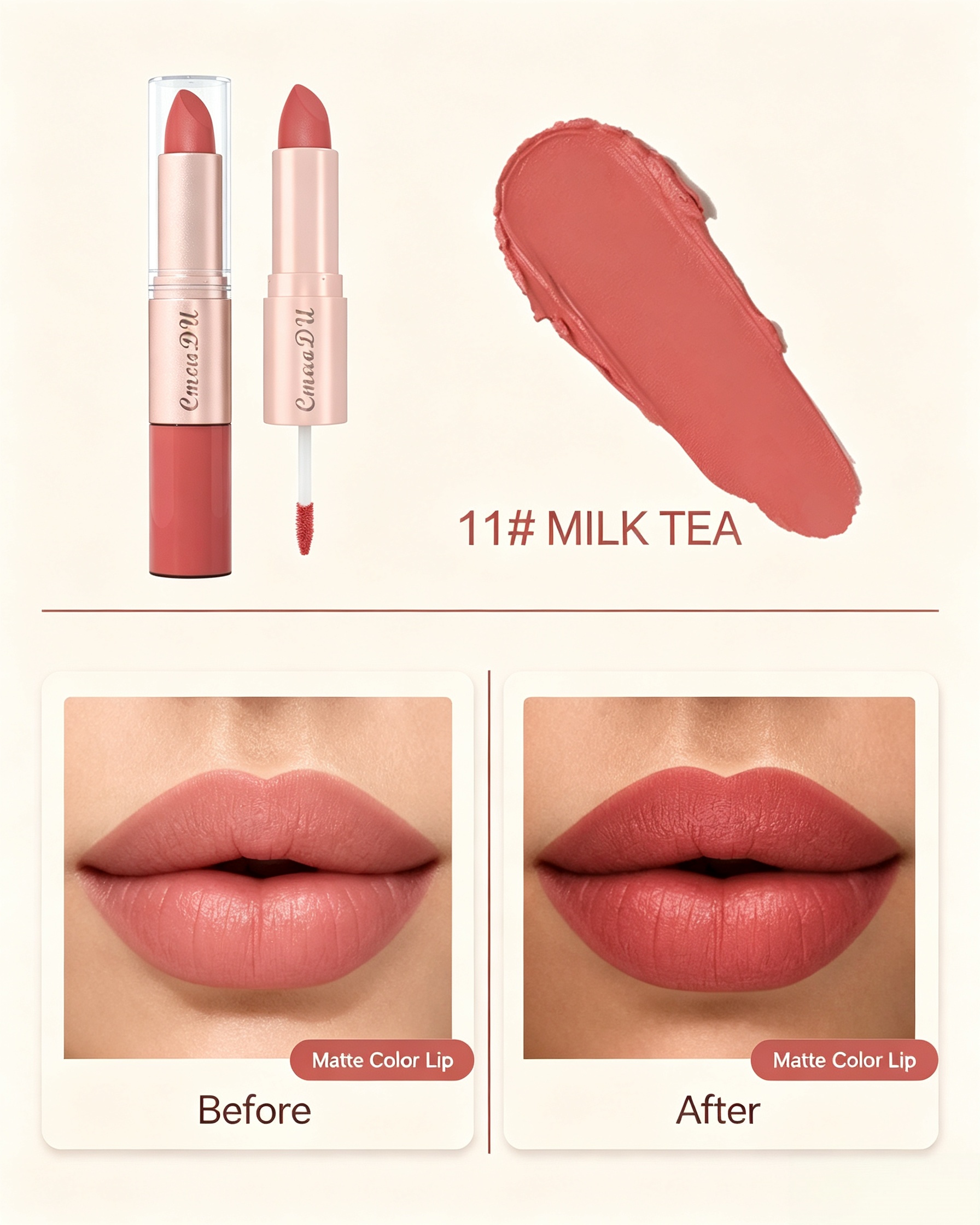 Velvet Matte 2-in-1 Lipstick and Lip Gloss, 11 Milk Tea