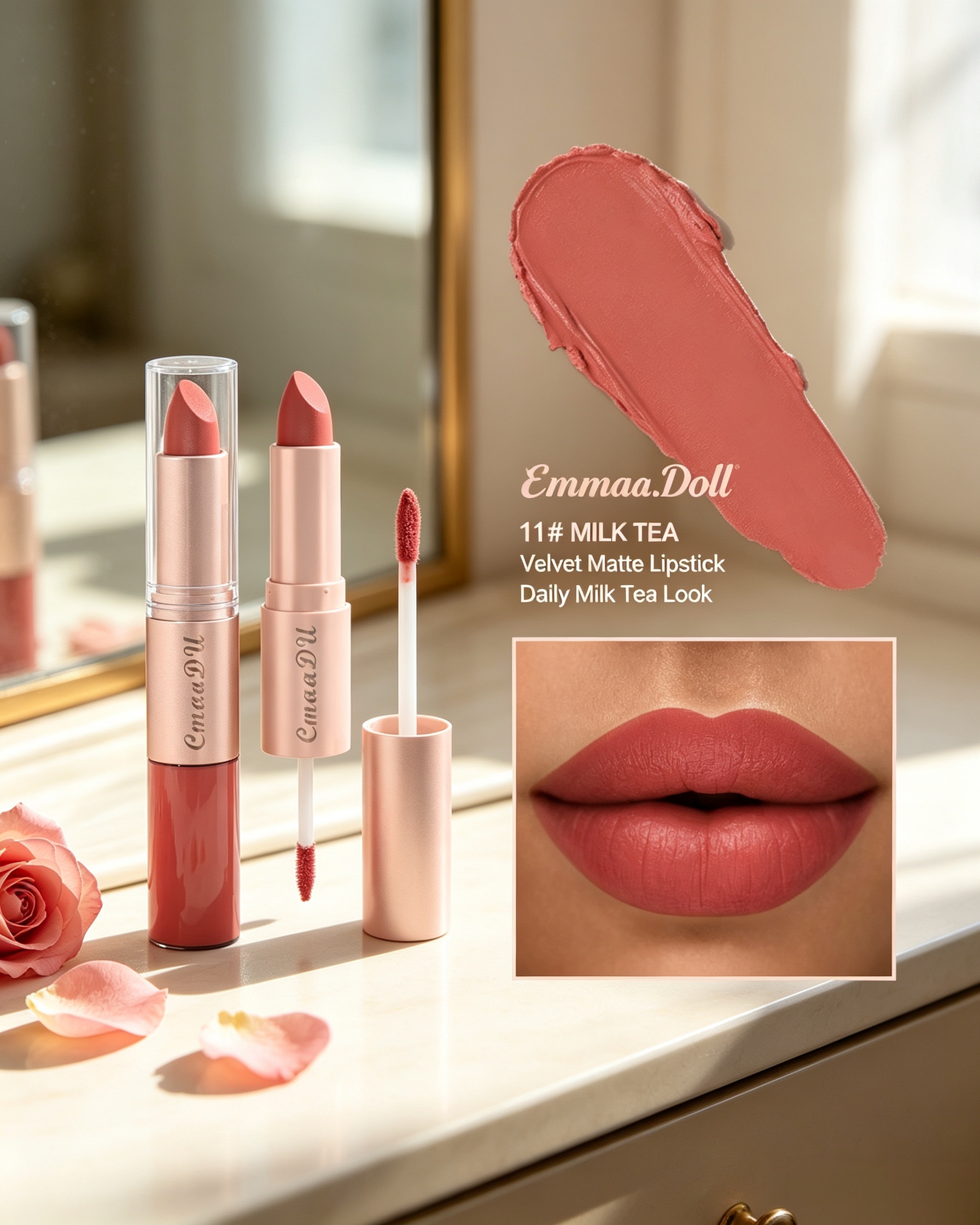 Velvet Matte 2-in-1 Lipstick and Lip Gloss, 11 Milk Tea