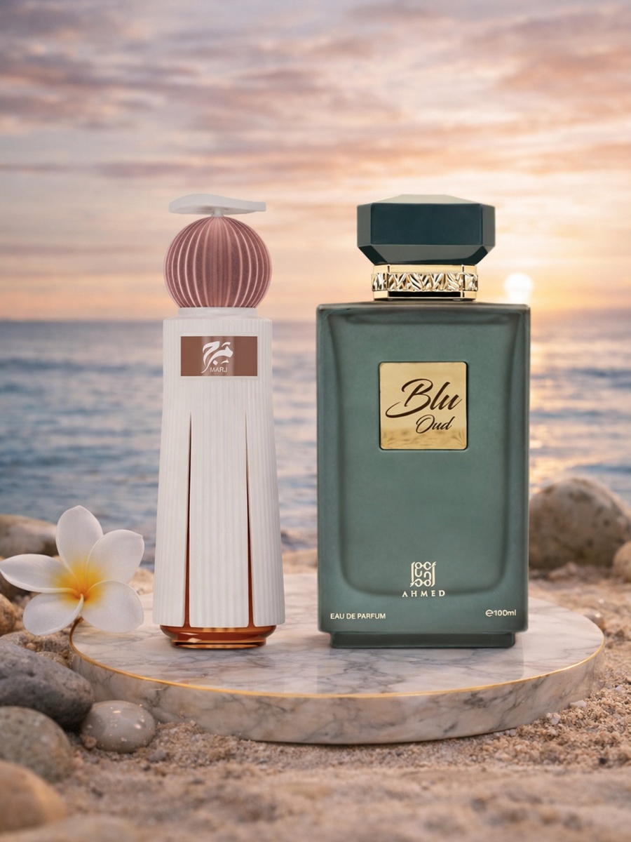طقم عطور كومبو خاص للرجال والنساء من ماء عطر مرج سعة 60 مل مع ماء عطر بلو عود سعة 100 مل