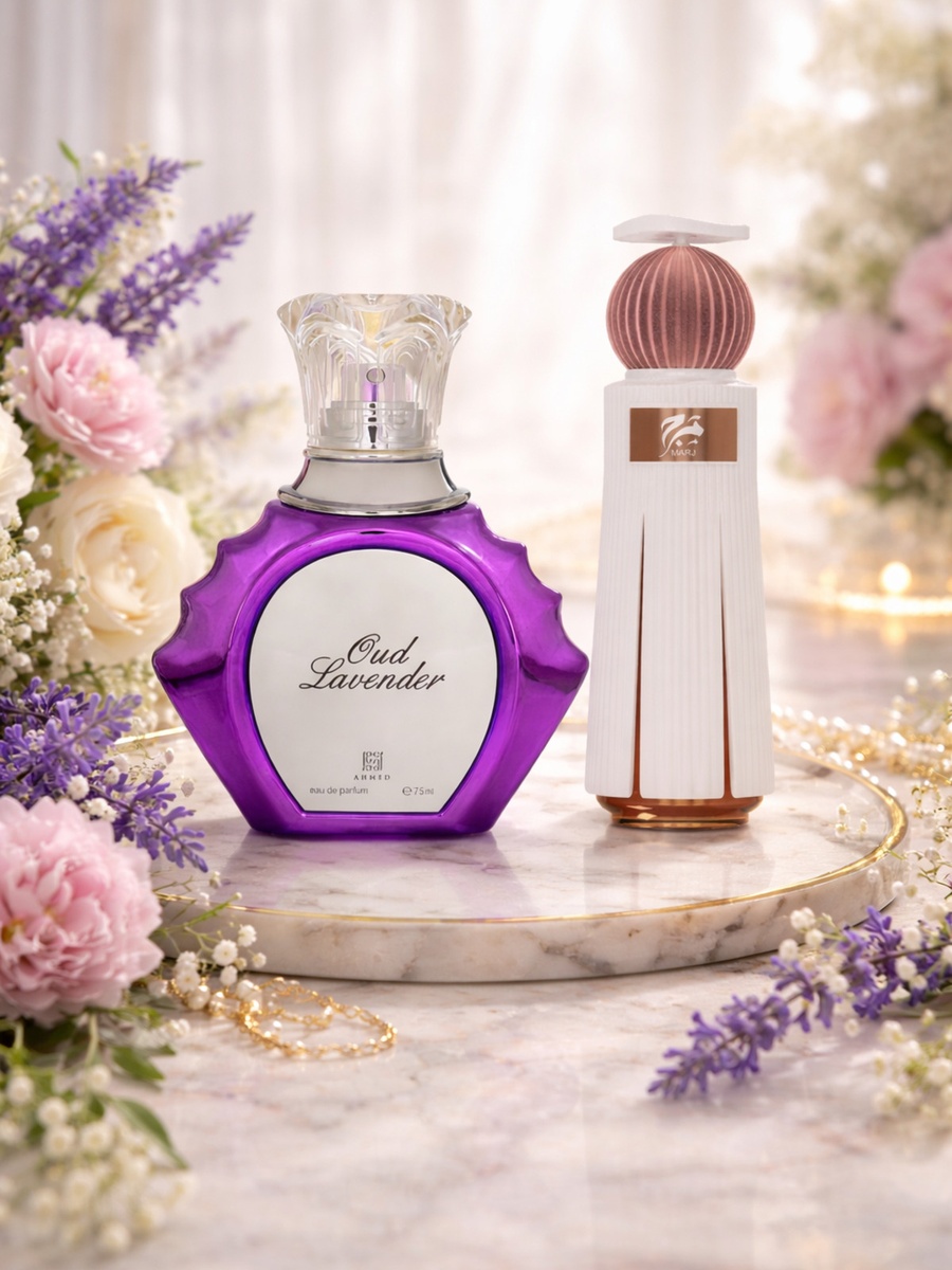 طقم ثنائي عطور كومبو خاص للرجال والنساء من ماء عطر عود لافندر سعة 75 مل مع ماء عطر مرج سعة 60 مل
