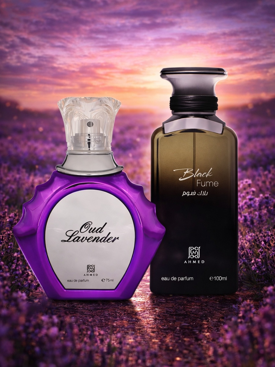 طقم عطور كومبو خاص للرجال والنساء من ماء عطر لافندر عود سعة 75 مل مع بلاك فيوم سعة 100 مل