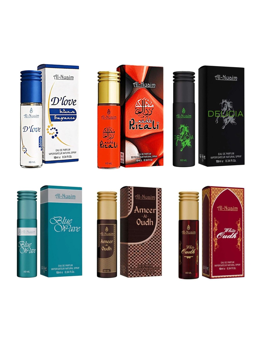 6-Piece Mini Pocket Size EDP Spray Perfume - D Love, Delicia, Mushk Rizali, Blue Wave, Ameer Al Oudh and White Oudh, 10ml