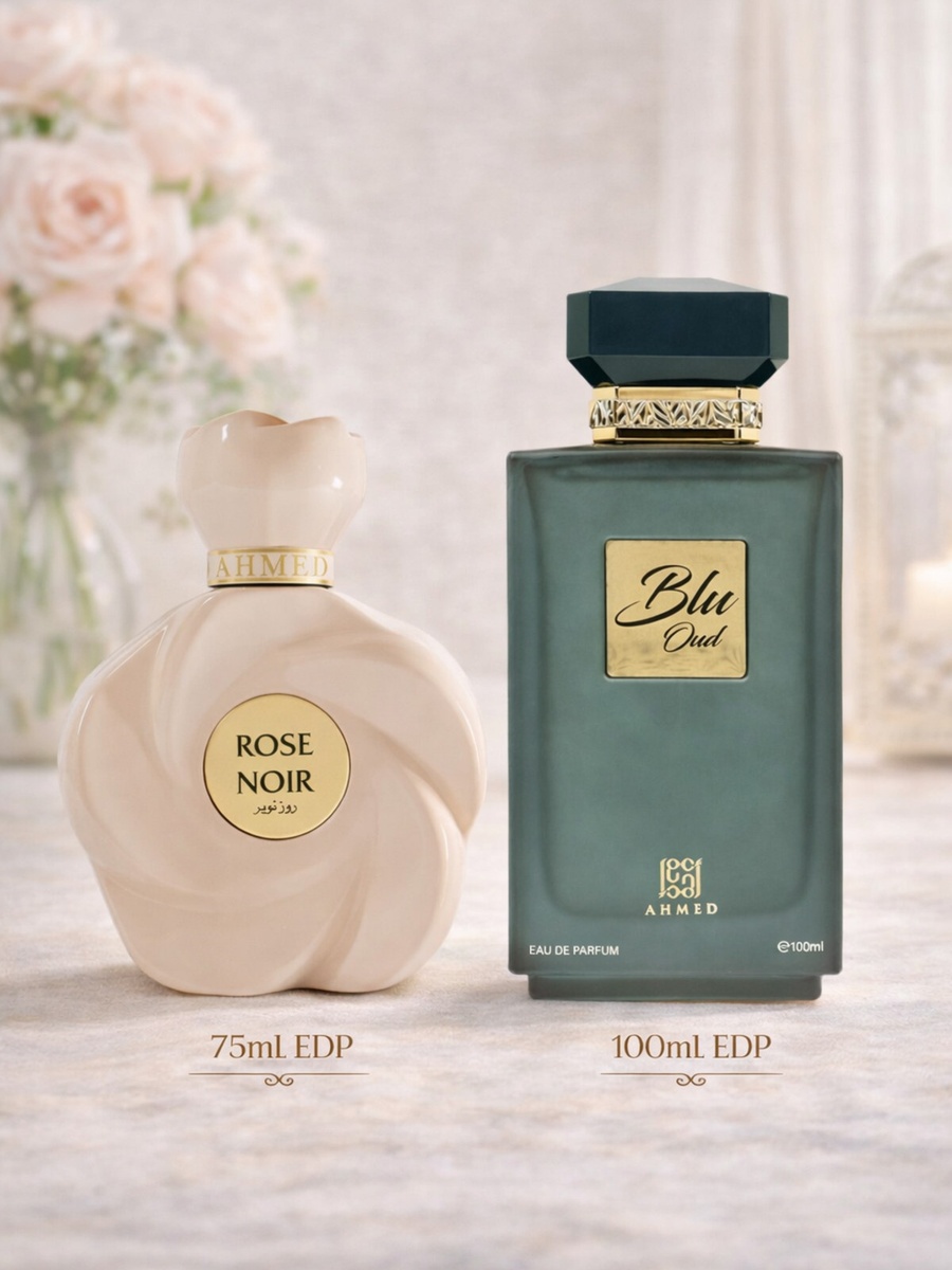طقم عطور كومبو خاص للرجال والنساء من ماء عطر روز نوار سعة 75 مل وبلو عود سعة 100 مل