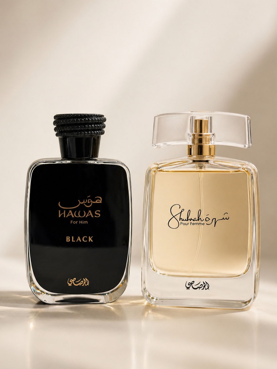 مجموعة ممتازة للزوجين حواس بلاك للرجال ماء عطر، 100 مل وعطر شهرة للنساء ماء عطر، 90 مل
