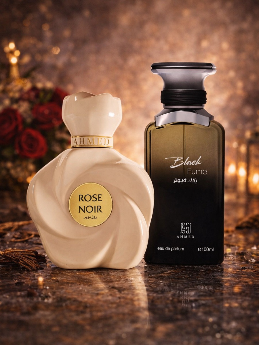 طقم عطور كومبو خاص للرجال والنساء من ماء عطر روز نوار سعة 75 مل مع بلاك فيوم سعة 100 مل