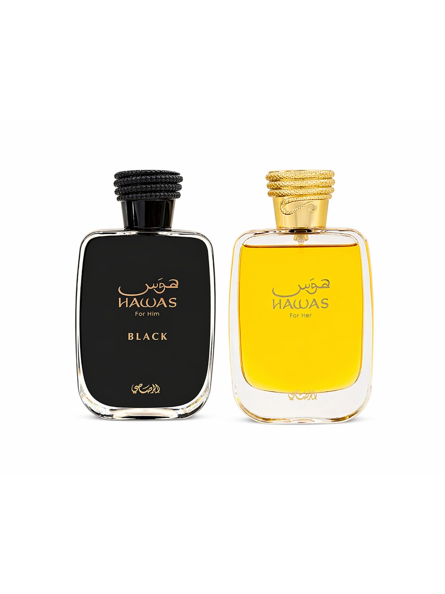 مجموعة عطور ممتازة للزوجين حواس بلاك للرجال ماء عطر، 100 مل وحواس للنساء ماء عطر، 100 مل