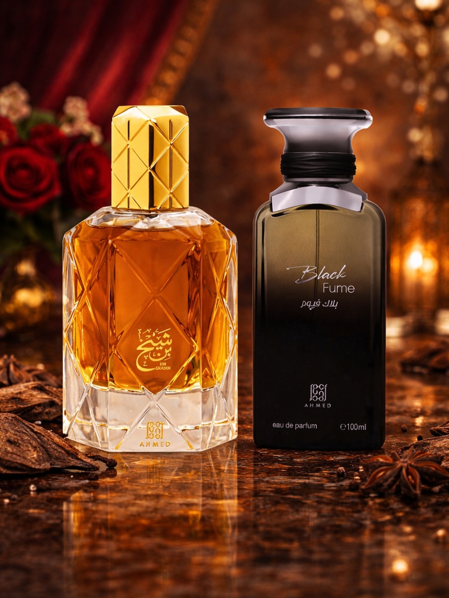 طقم عطور كومبو خاص للرجال والنساء من ماء عطر بن الشيخ سعة 90 مل مع بلاك فيوم سعة 100 مل