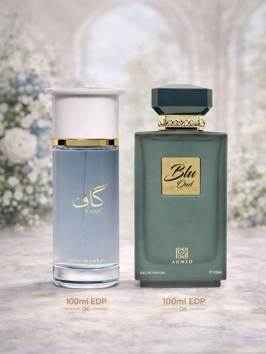 طقم عطور كومبو فاخر خاص للرجال والنساء من ماء عطر كاف سعة 100 مل وبلو عود سعة 100 مل