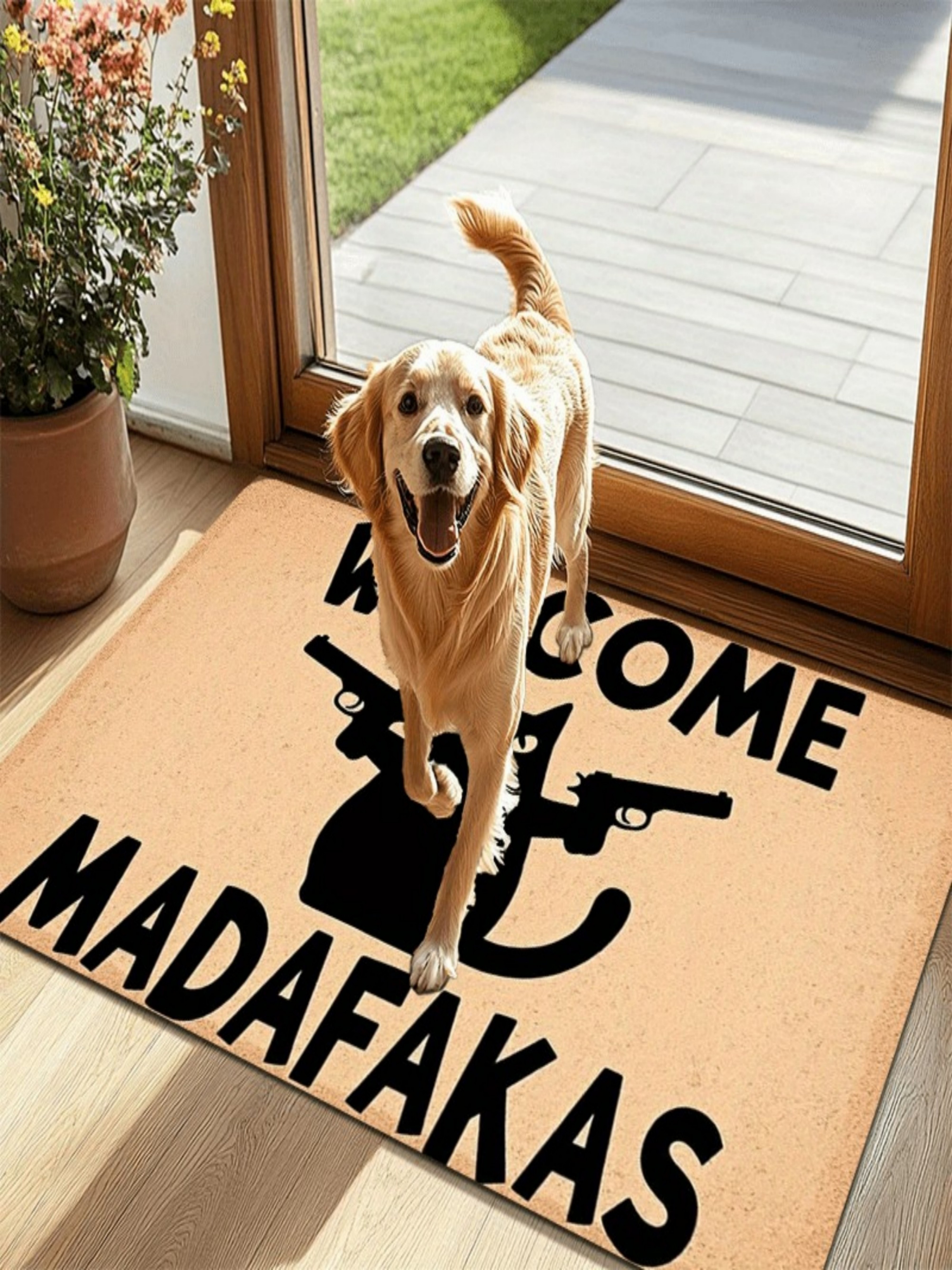 Welcome Cat and Gun Motif Door Mat