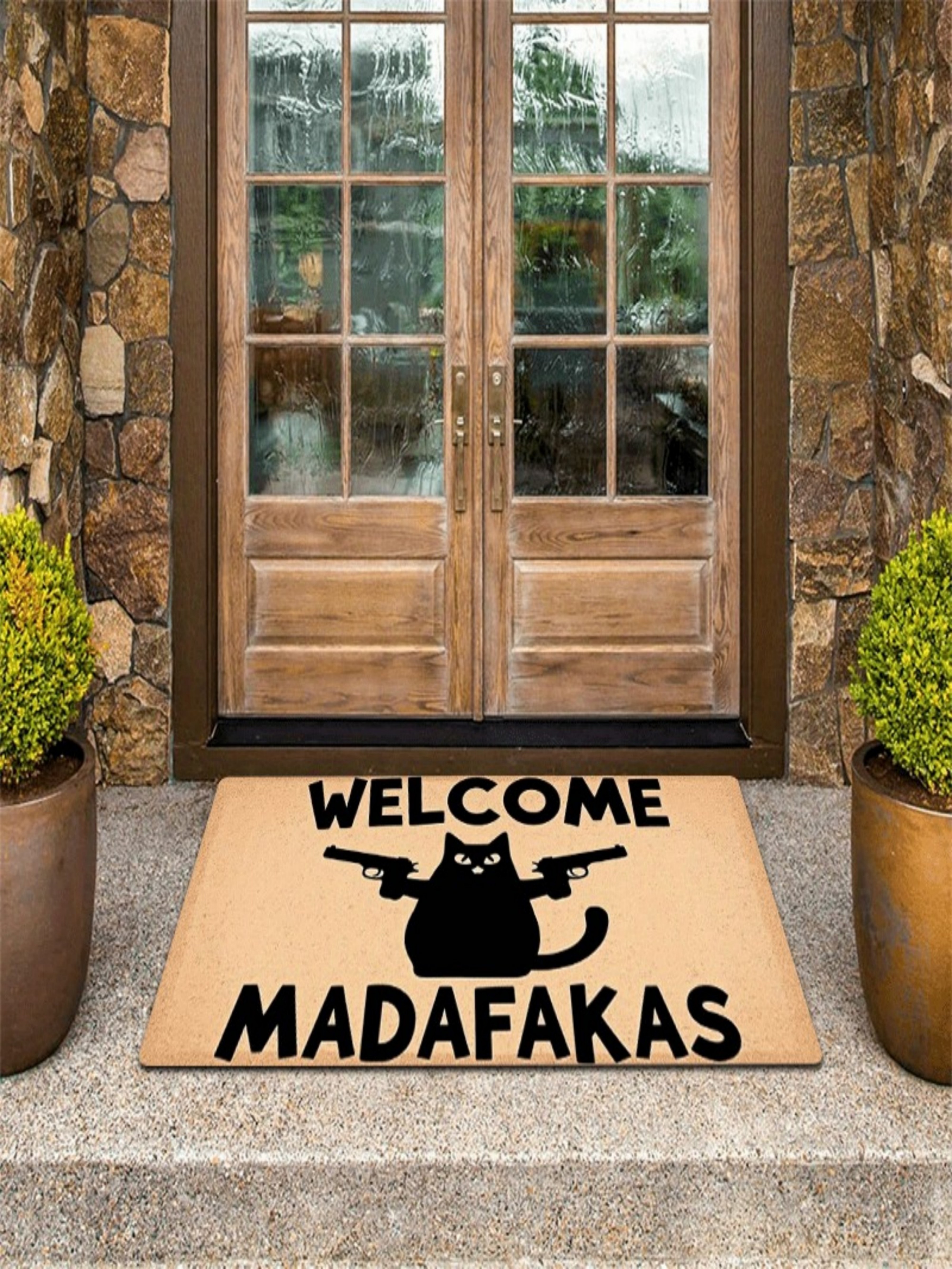 Welcome Cat and Gun Motif Door Mat