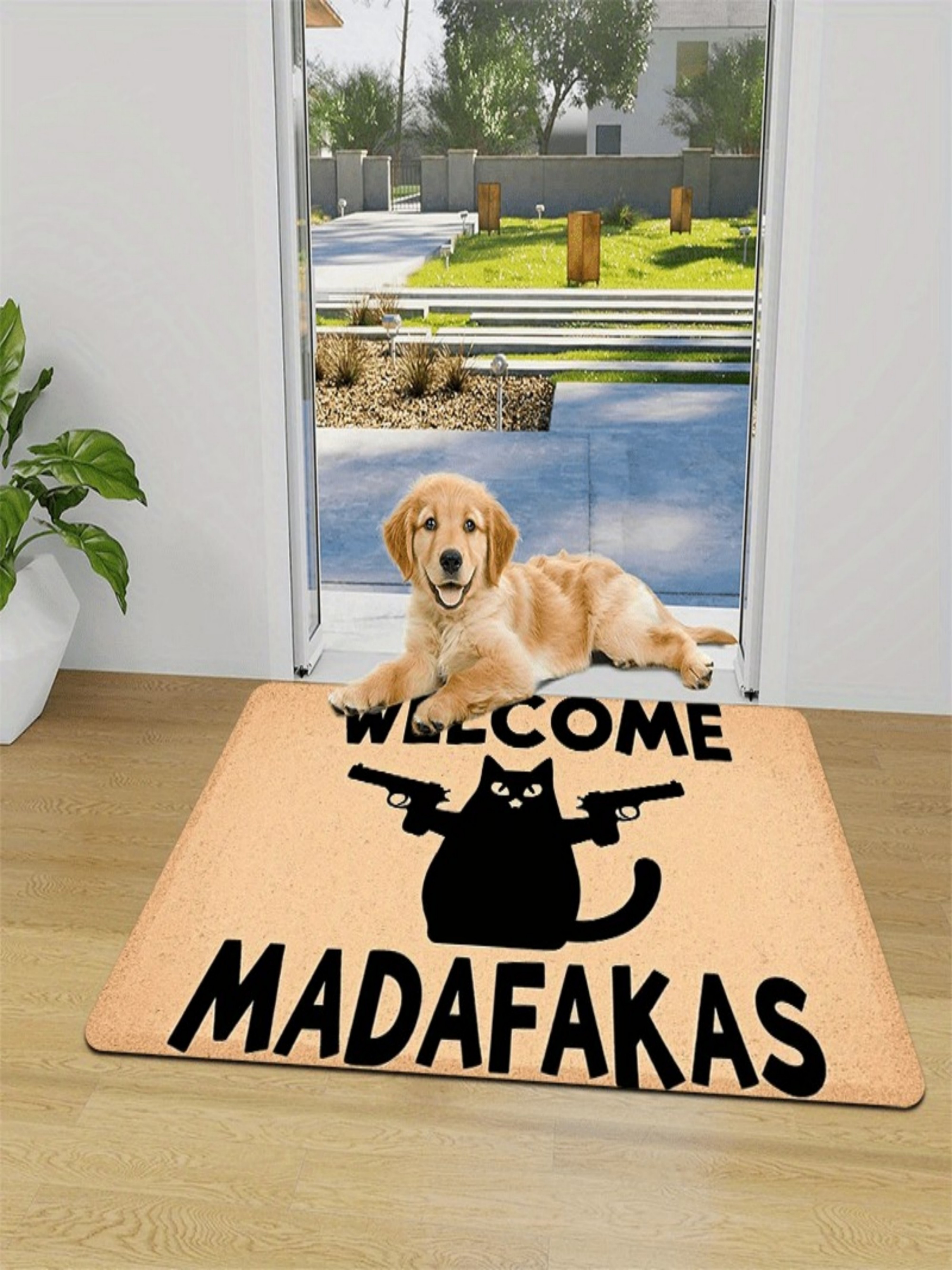 Welcome Cat and Gun Motif Door Mat