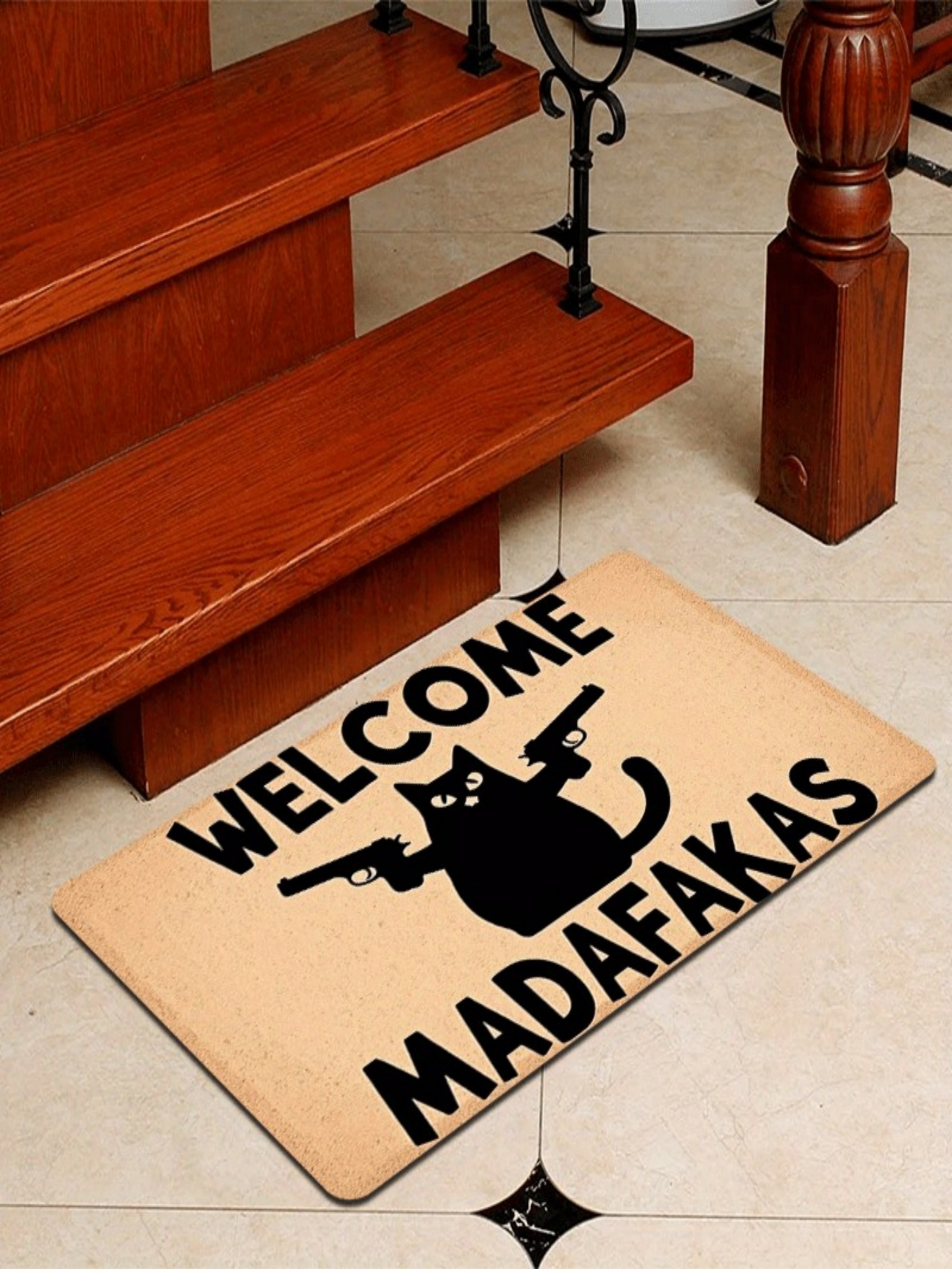 Welcome Cat and Gun Motif Door Mat