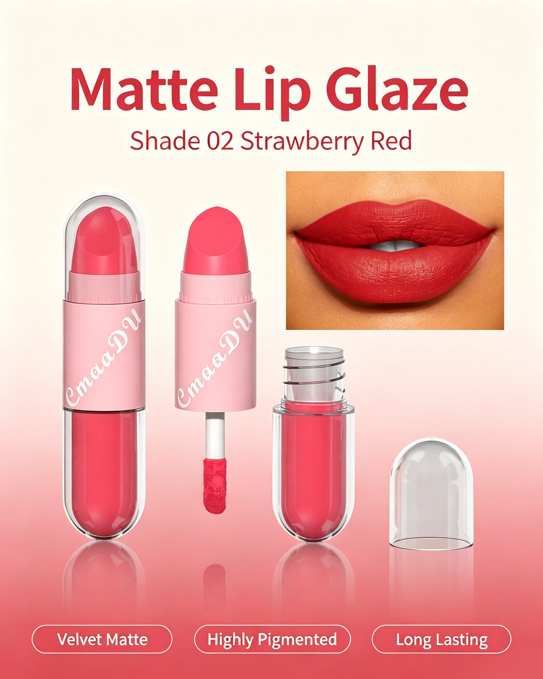 2-in-1 Velvet Matte Strawberry Red Lip Glaze and Lipstick, Shade 02