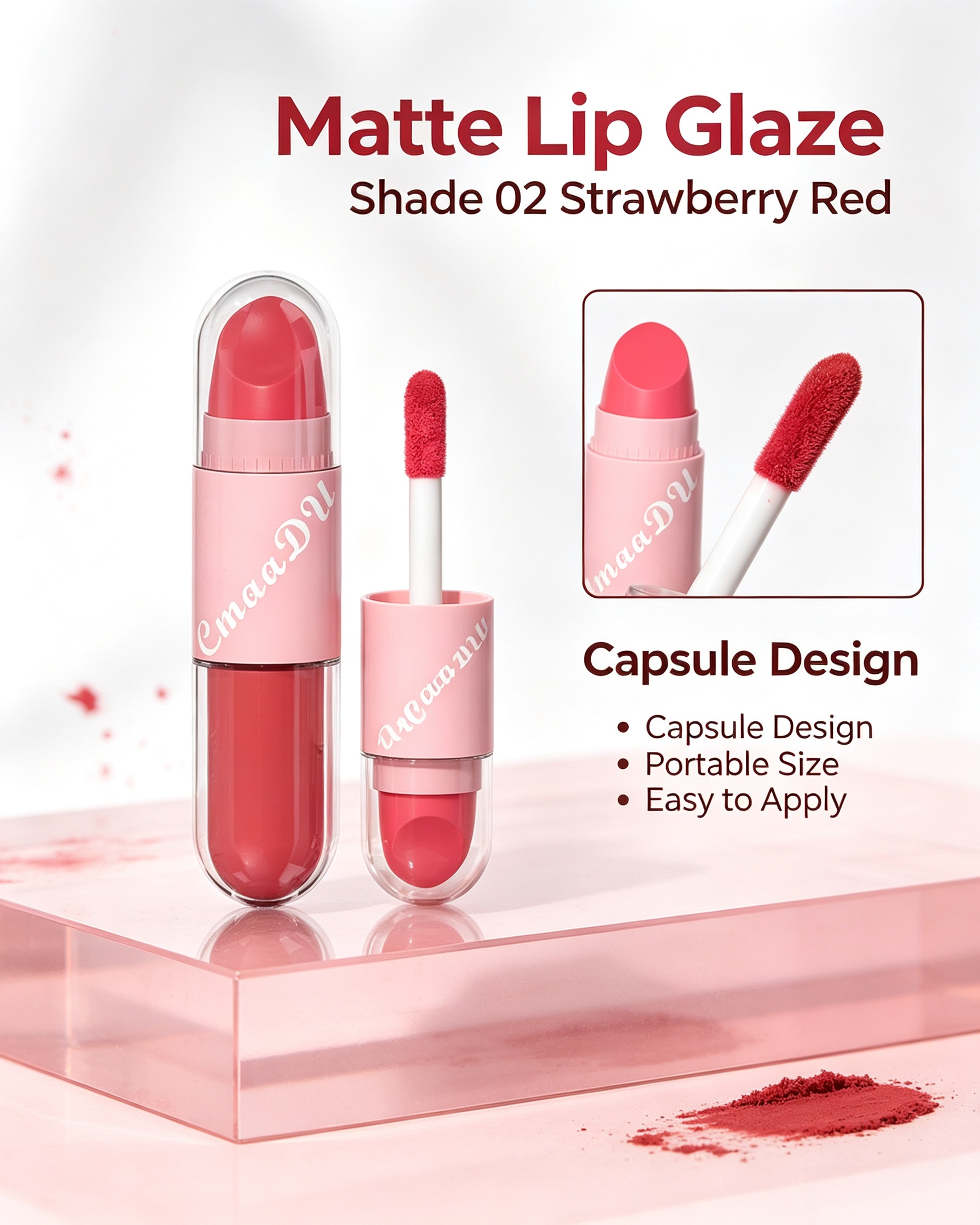 2-in-1 Velvet Matte Strawberry Red Lip Glaze and Lipstick, Shade 02