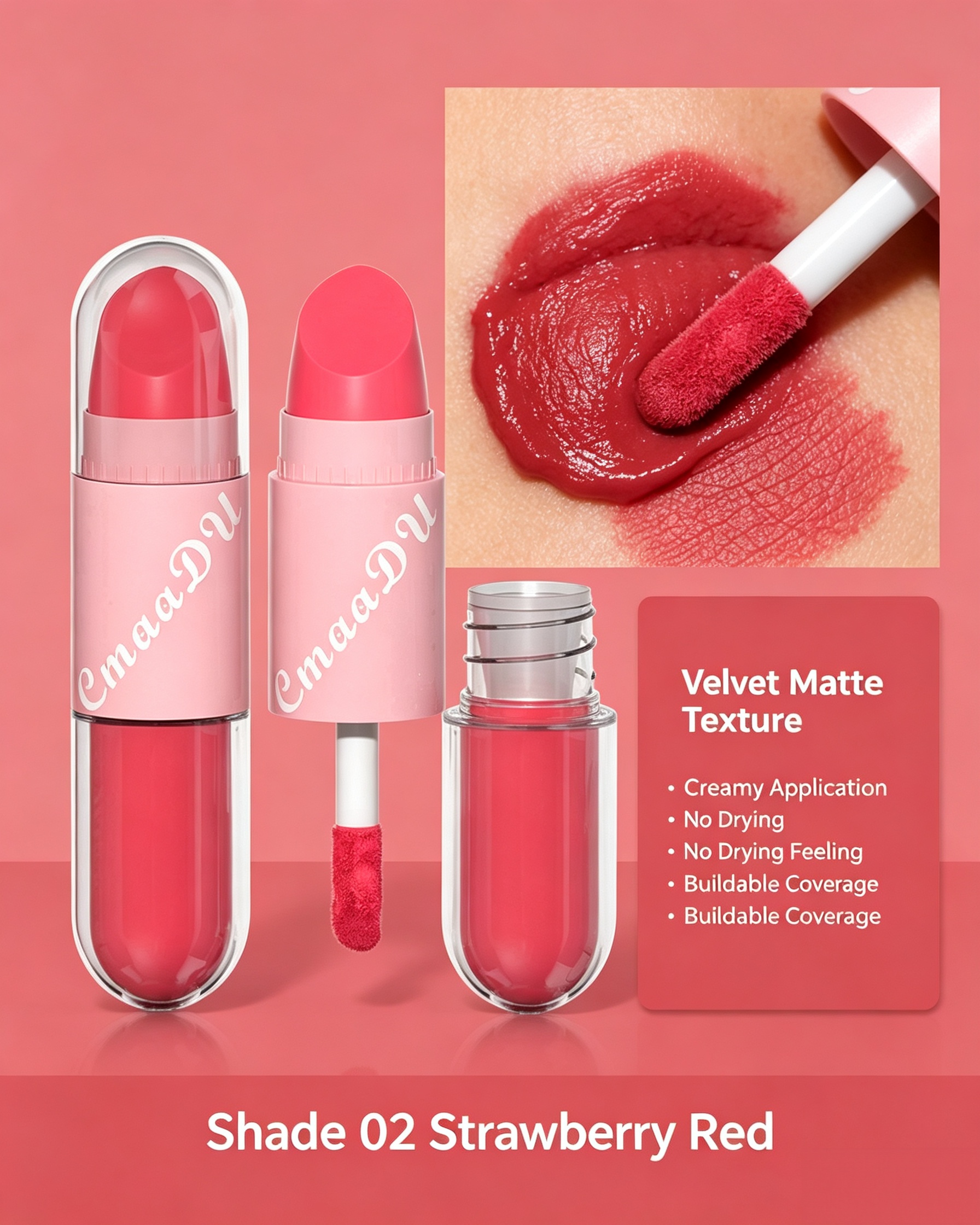 2-in-1 Velvet Matte Strawberry Red Lip Glaze and Lipstick, Shade 02