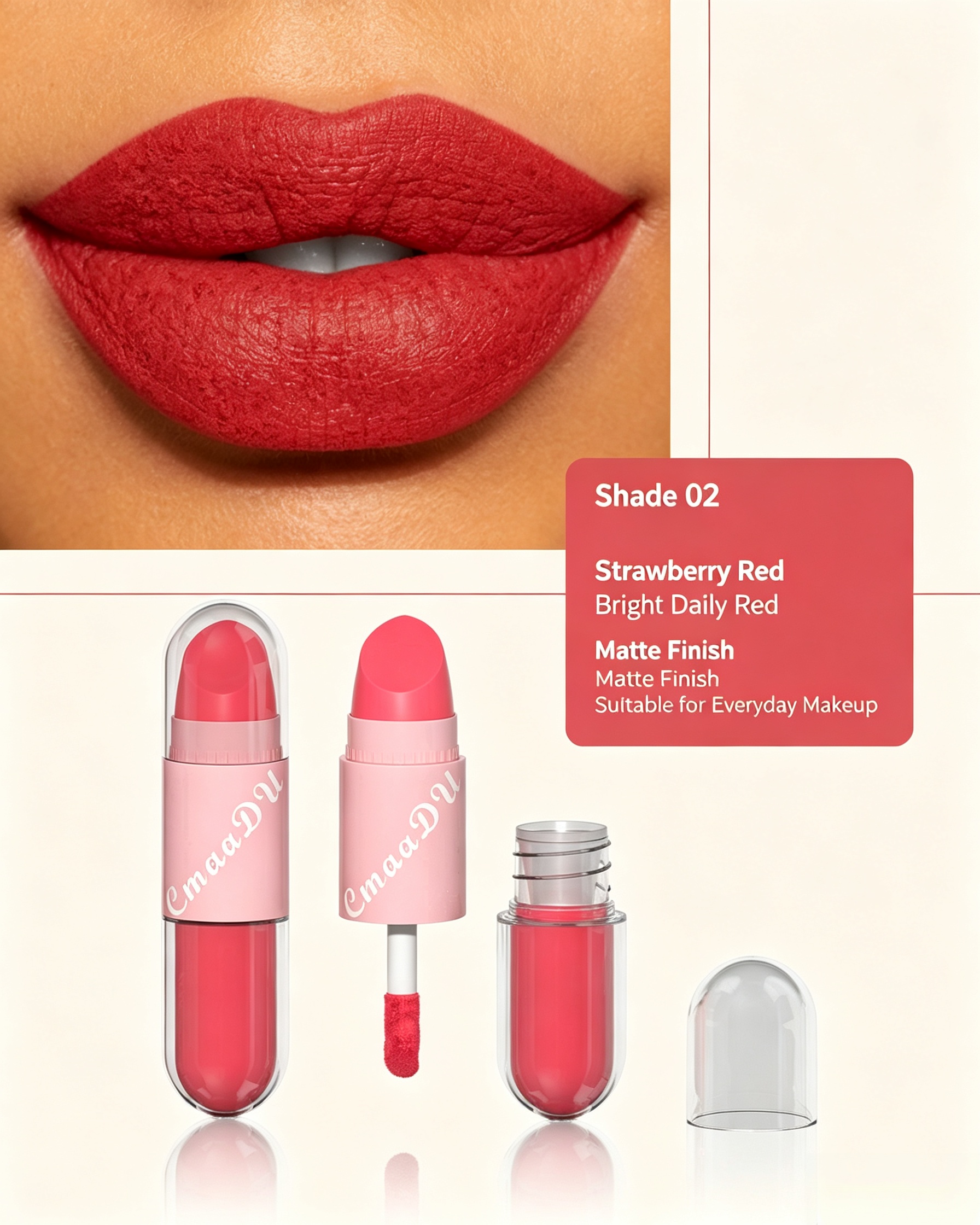 2-in-1 Velvet Matte Strawberry Red Lip Glaze and Lipstick, Shade 02