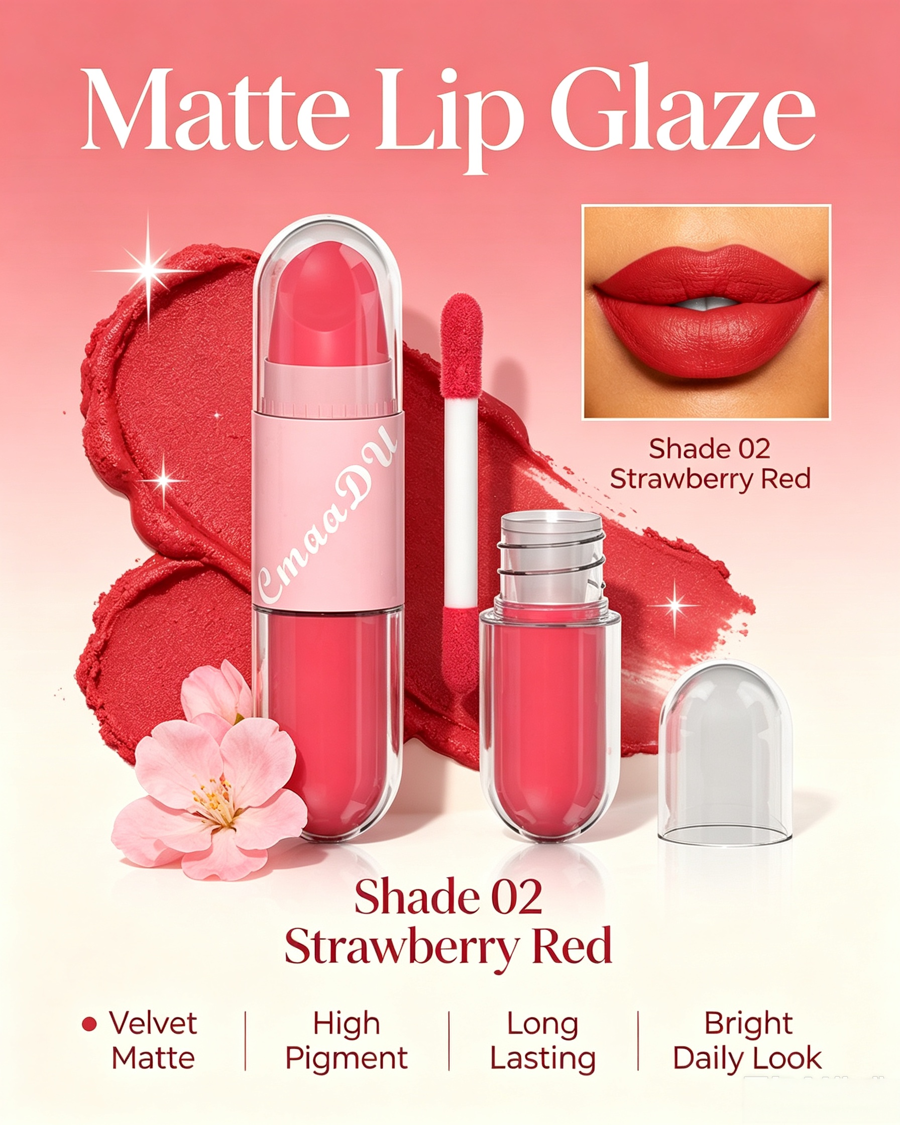 2-in-1 Velvet Matte Strawberry Red Lip Glaze and Lipstick, Shade 02