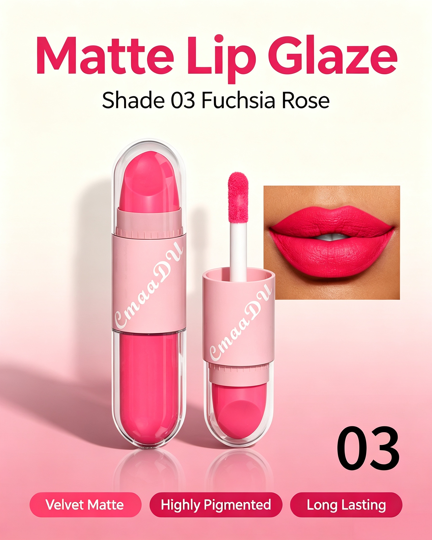 2-in-1 Velvet Matte Fuchsia Rose Lip Glaze and Lipstick, Shade 03