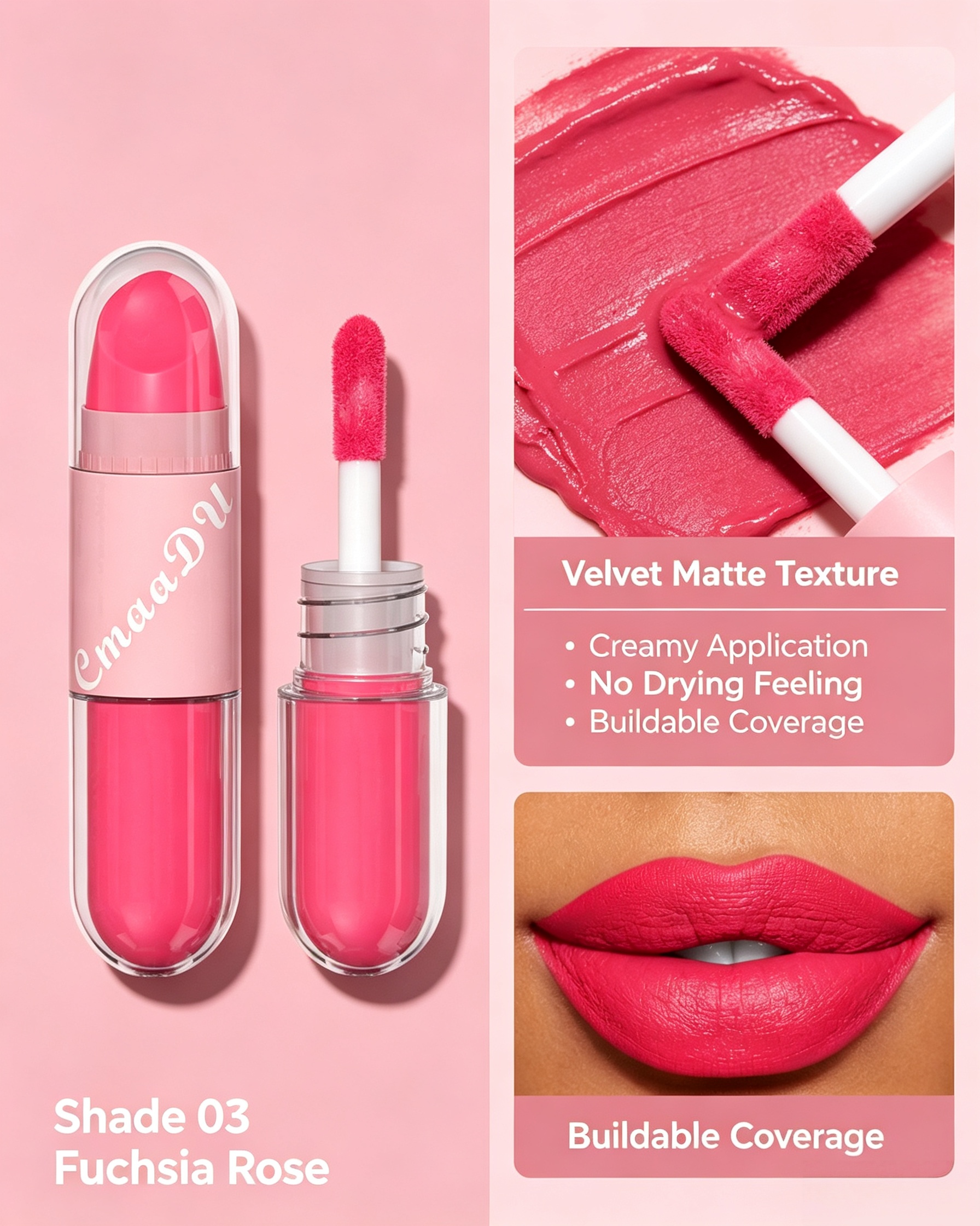 2-in-1 Velvet Matte Fuchsia Rose Lip Glaze and Lipstick, Shade 03